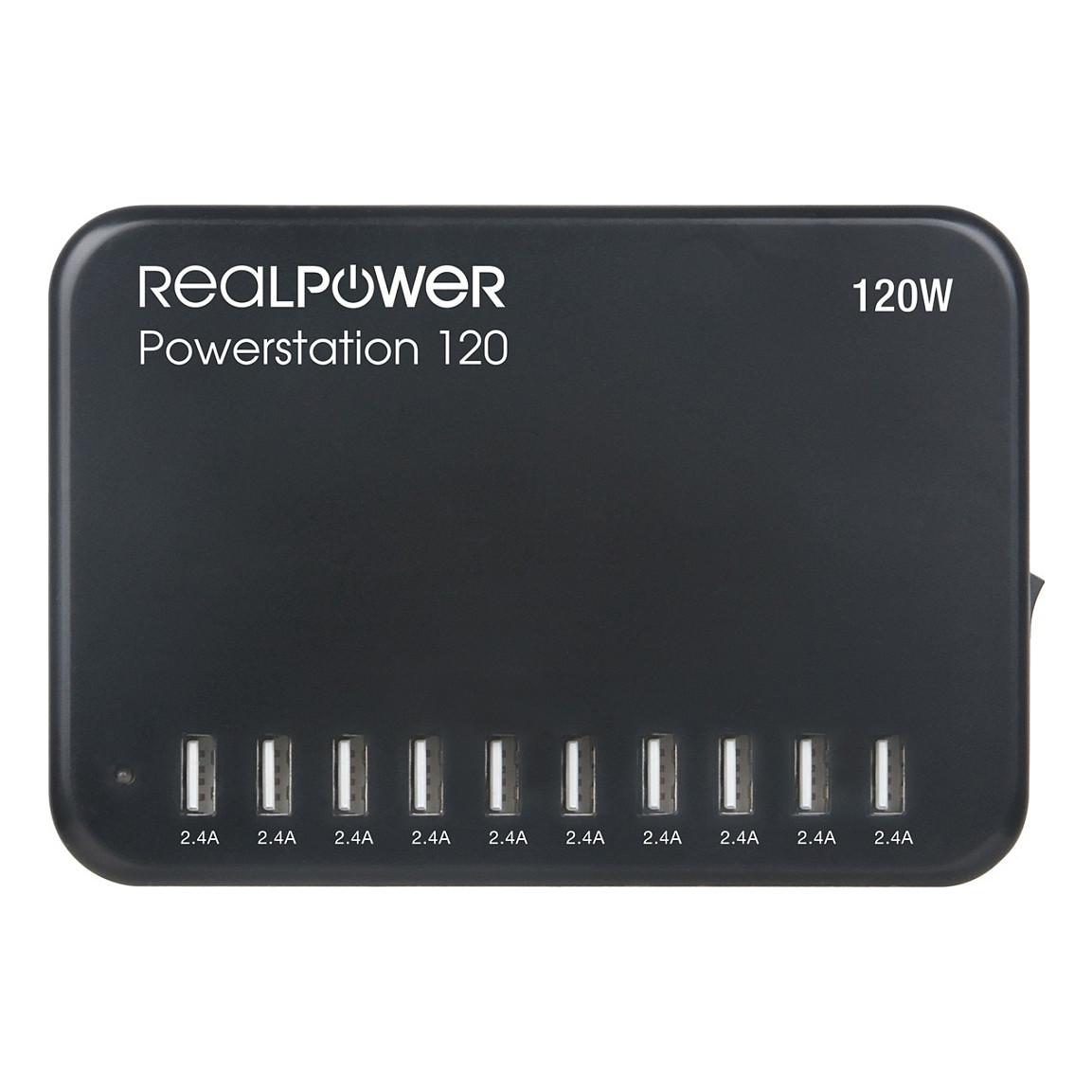 RealPower Powerstation 120 USB-oplader med 10 USB 2.0-porte til smartphone og tablet, sort