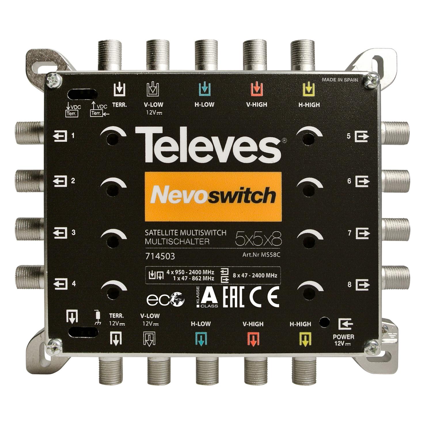 Televes NevoSwitch 5x5x8 Multiswitch Satelit / jordisk signal multikontakt Sort Sølv
