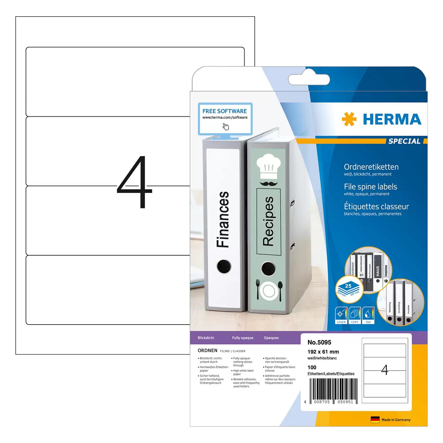HERMA Special - Papir - mat - permanent selvklæbende - hvid - 192 x 61 mm 100 etikette(r) (25 ark x 4) uigennemsigtige mappemærkater