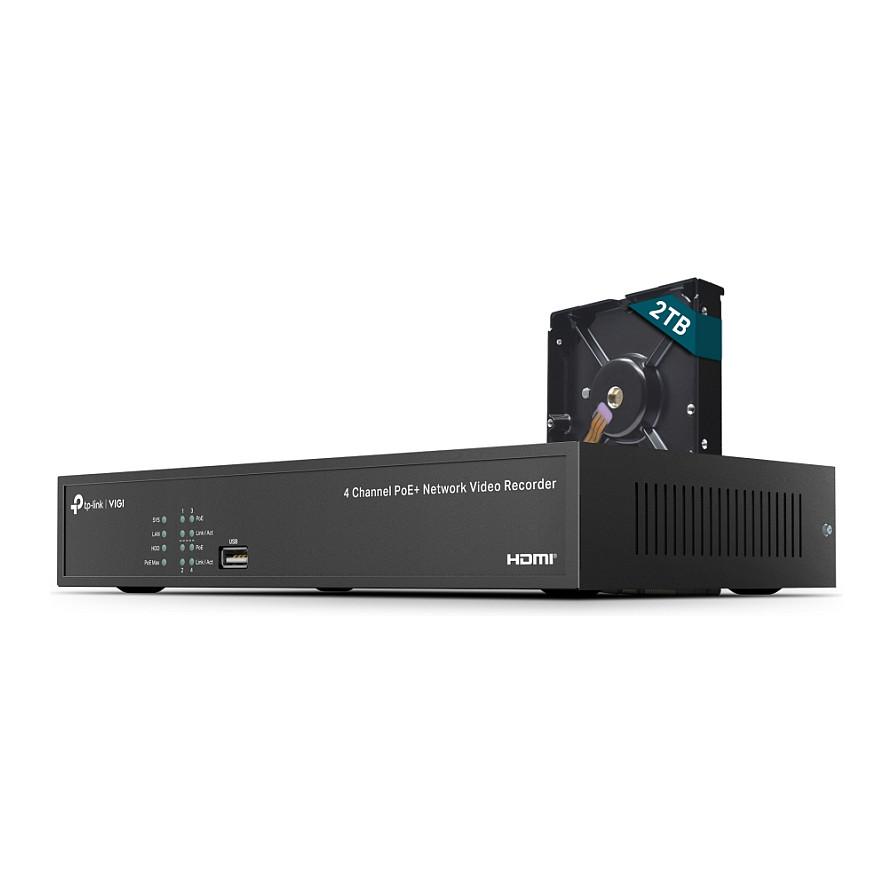 TP-Link VIGI NVR1004H-4P-2TB, 4 kanaler, 3840 x 2160 pixel, 720p, 1080p, 2160p, 3840x2160,1920x1080, 1680x1050, 1440x900, 1280x1024, 1024x768, 1280x720, 1280x720@60fps, 1920x1080@60fps, 3840x2160@30fps, H.264, H.264+, H.265, H.265+