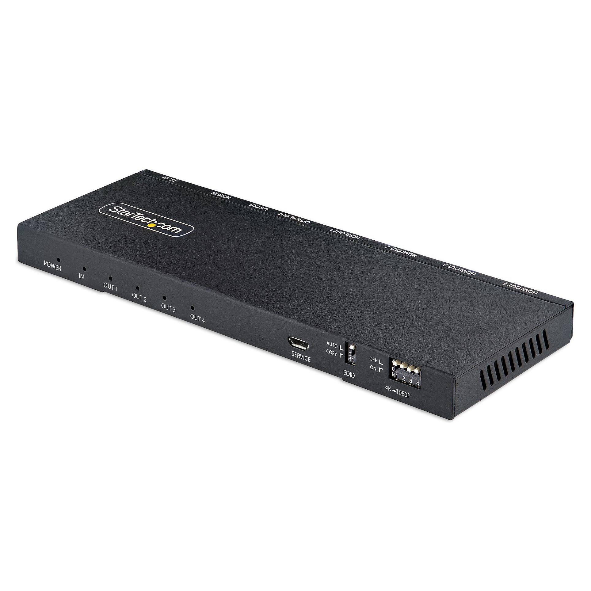 Startech 4-Port HDMI Splitter, 4K 60Hz HDMI 2.0 Video, 1 In 4 Out HDMI Splitter, 4K HDMI Splitter w/Built-in Scaler, 3.5mm/Optical Audio Port, Durable Metal Housing, HDR/HDCP - 1x4 HDMI Display/Output Splitter (HDMI-SPLITTER-44K60S) - Video-/audiosplitter - 4 x HDMI - desktop
