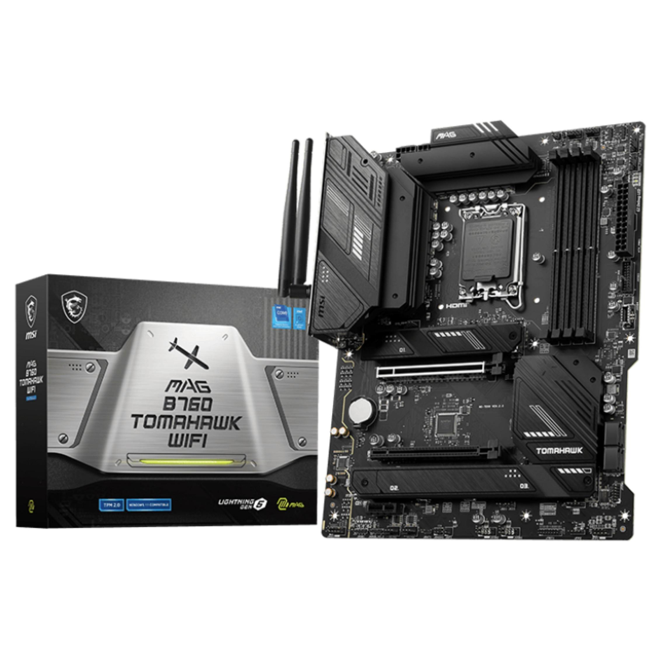 MSI MAG B760 TOMAHAWK WIFI - Bundkort - ATX - LGA1700 sokkel - B760 Chipset - USB 3.2 Gen 1, USB 3.2 Gen 2, USB-C 3.2 Gen2, USB-C 3.2 Gen 2x2 - 2.5 Gigabit LAN, Wi-Fi 6E, Bluetooth - onboard grafik (CPU påkrævet) - HD Audio (8-kanaler)