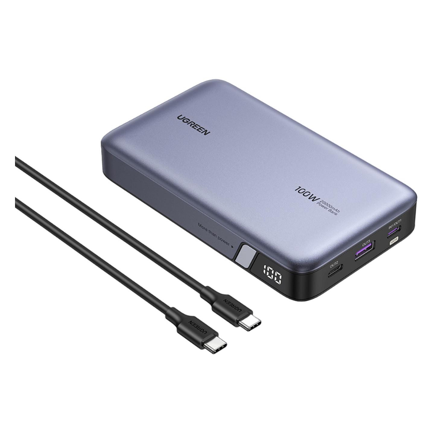 Ugreen Nexode powerbank 20.000 mAh med 2 x USB-C, USB-A, LED-display og grå finish