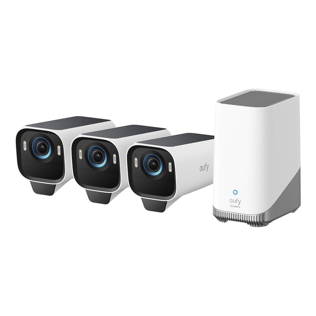 Eufy eufyCam S3 Pro - Netværksovervågningskamera - kugle - udendørs - vejrbestandig - farve (Dag/nat) - 3840 x 2160 - 4K, 1080p - audio - trådløs - WiFi - 2.4GHz radio - H.264, H.265 - med HomeBase S380 (pakke med 3)