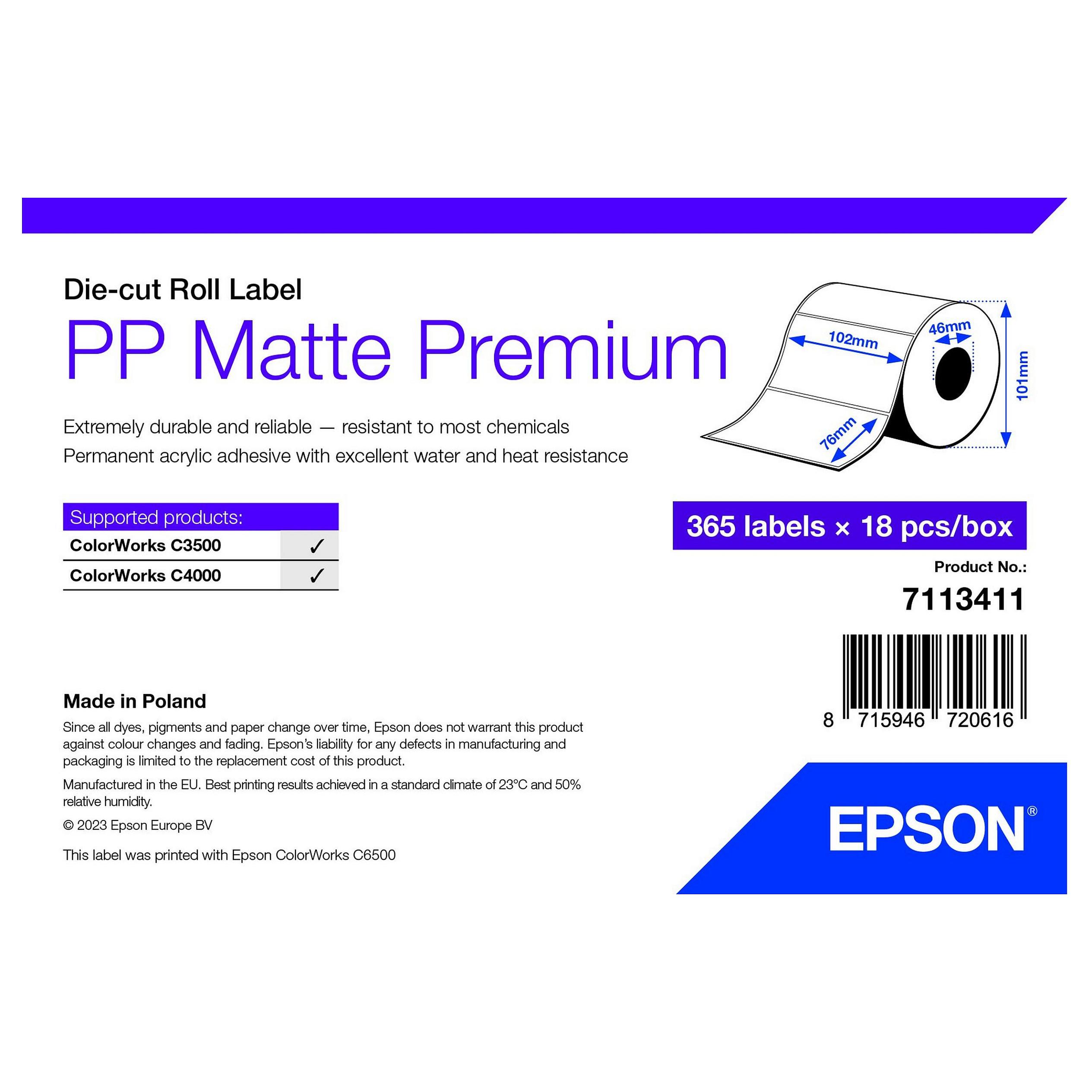Epson Premium - Polypropylen (PP) - mat - permanent akryllisk klæbemiddel - 102 x 76 mm - rulle med 365 etiketter