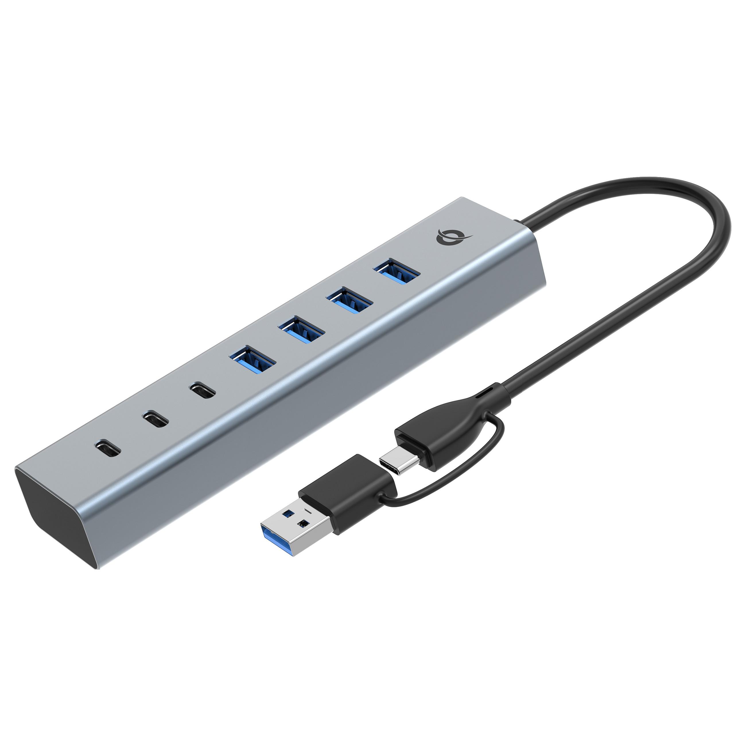 Conceptronic HUBBIES HUBBIES20G - hub - 2-in-1 USB-A/C host cable USB powered aluminum with 25 cm cable - 7 ports USB hub - 7 ports - Grå