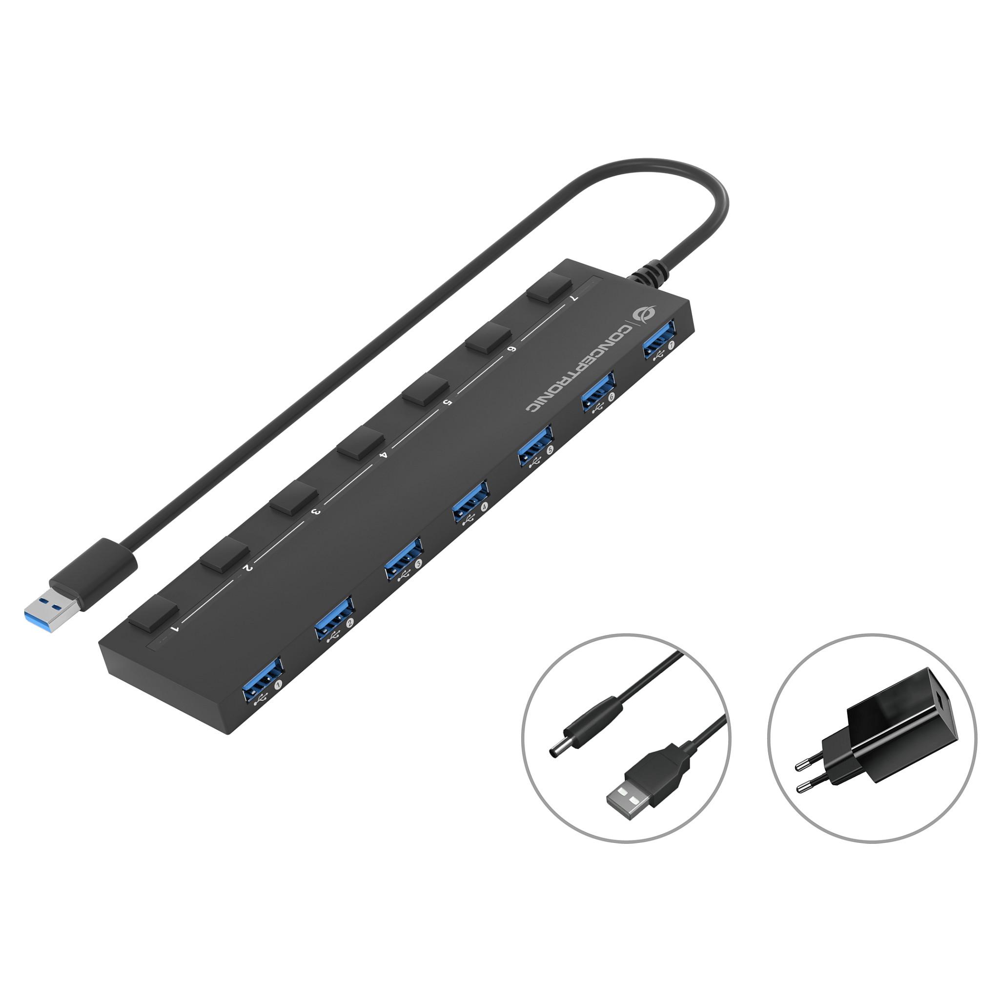 Conceptronic HUBBIES19BP - 7-port USB 3.0 hub med strømforsyning, 90 cm kabel og individuelle tænd/sluk-knapper