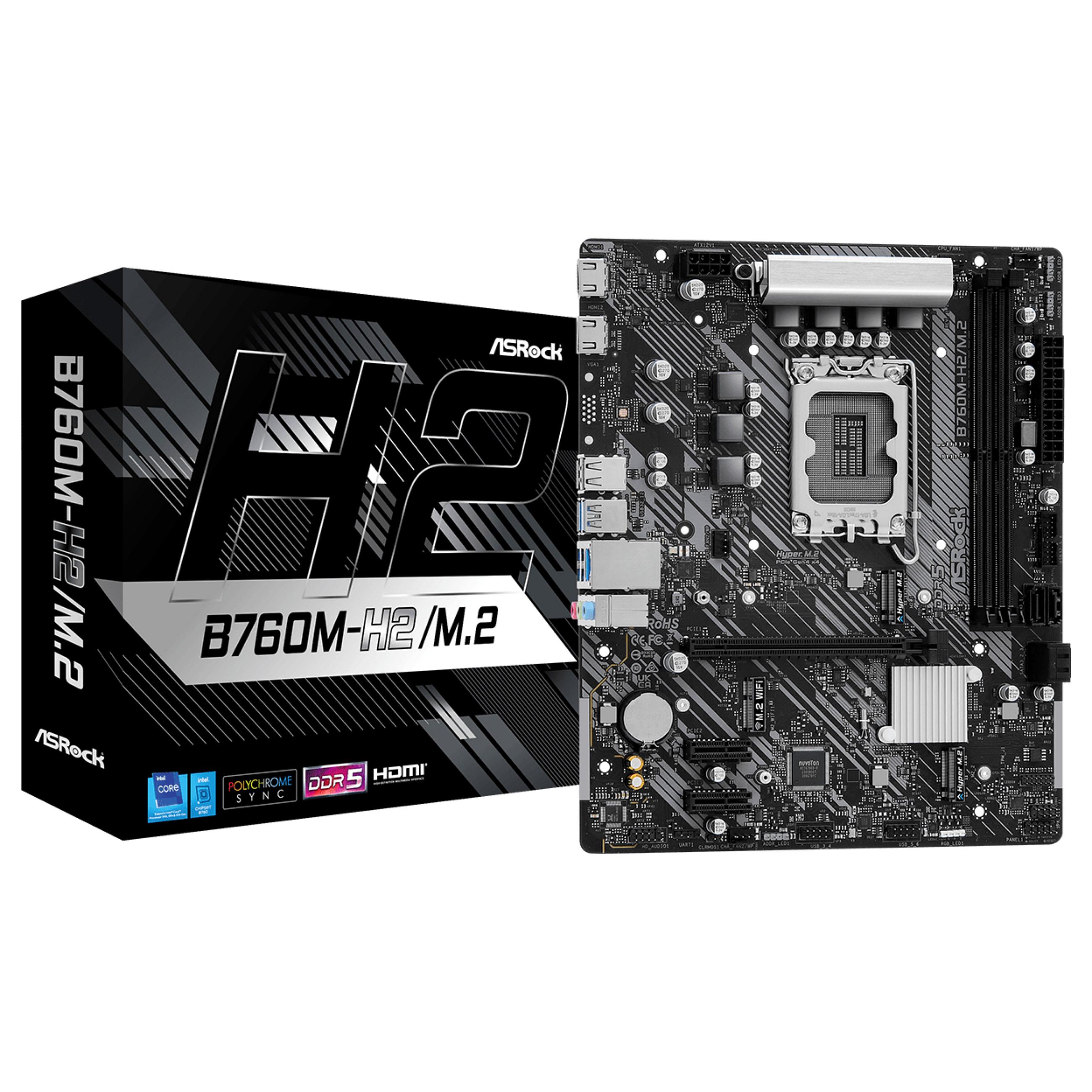 ASRock B760M-H2/M.2 - Bundkort - micro ATX - LGA1700 sokkel - B760 Chipset - USB 3.2 Gen 1 - 2.5 Gigabit LAN - onboard grafik (CPU påkrævet) - HD Audio (8-kanaler)
