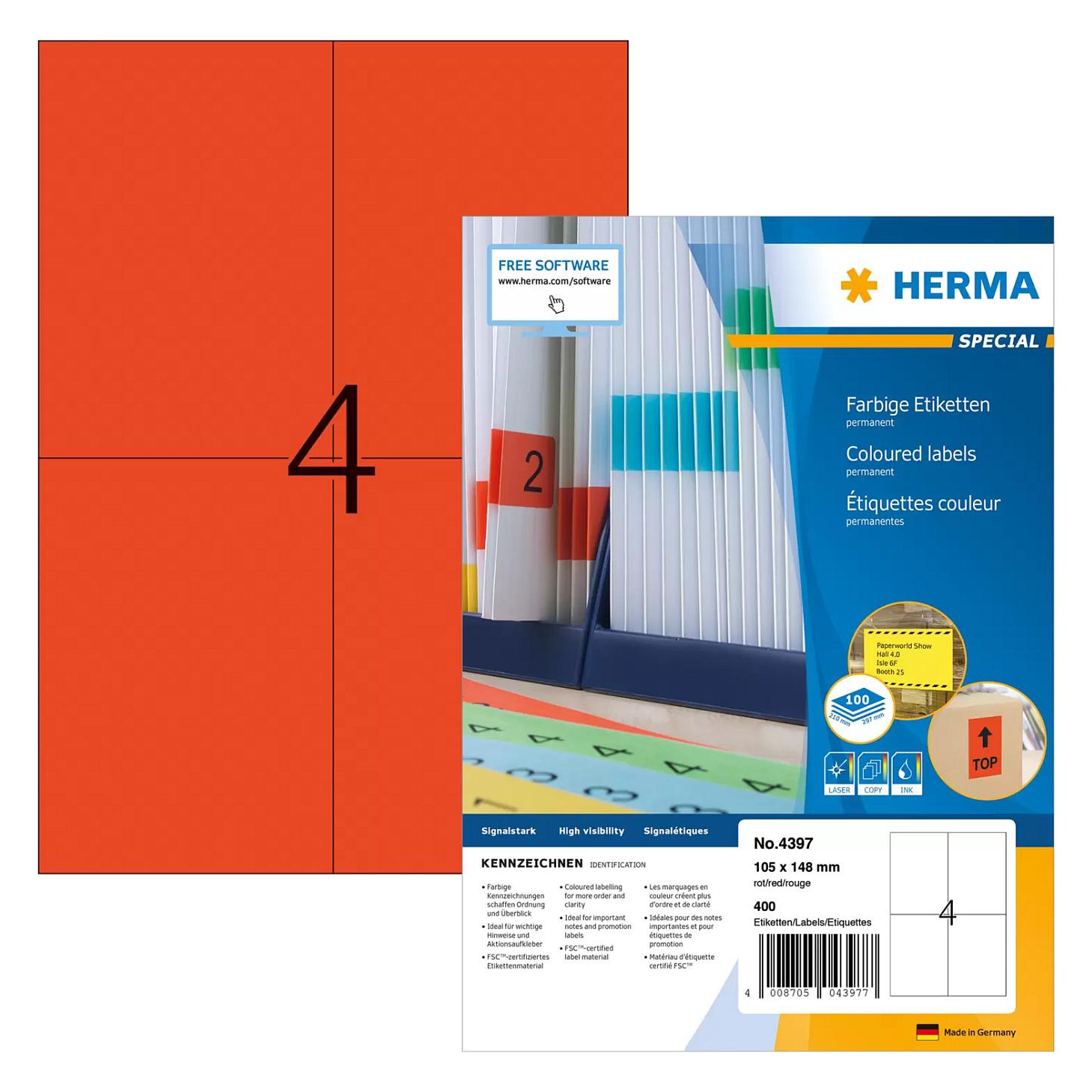HERMA Special - Papir - mat - permanent selvklæbende - rød - A6 (105 x 148 mm) 400 etikette(r) (100 ark x 4) etiketter