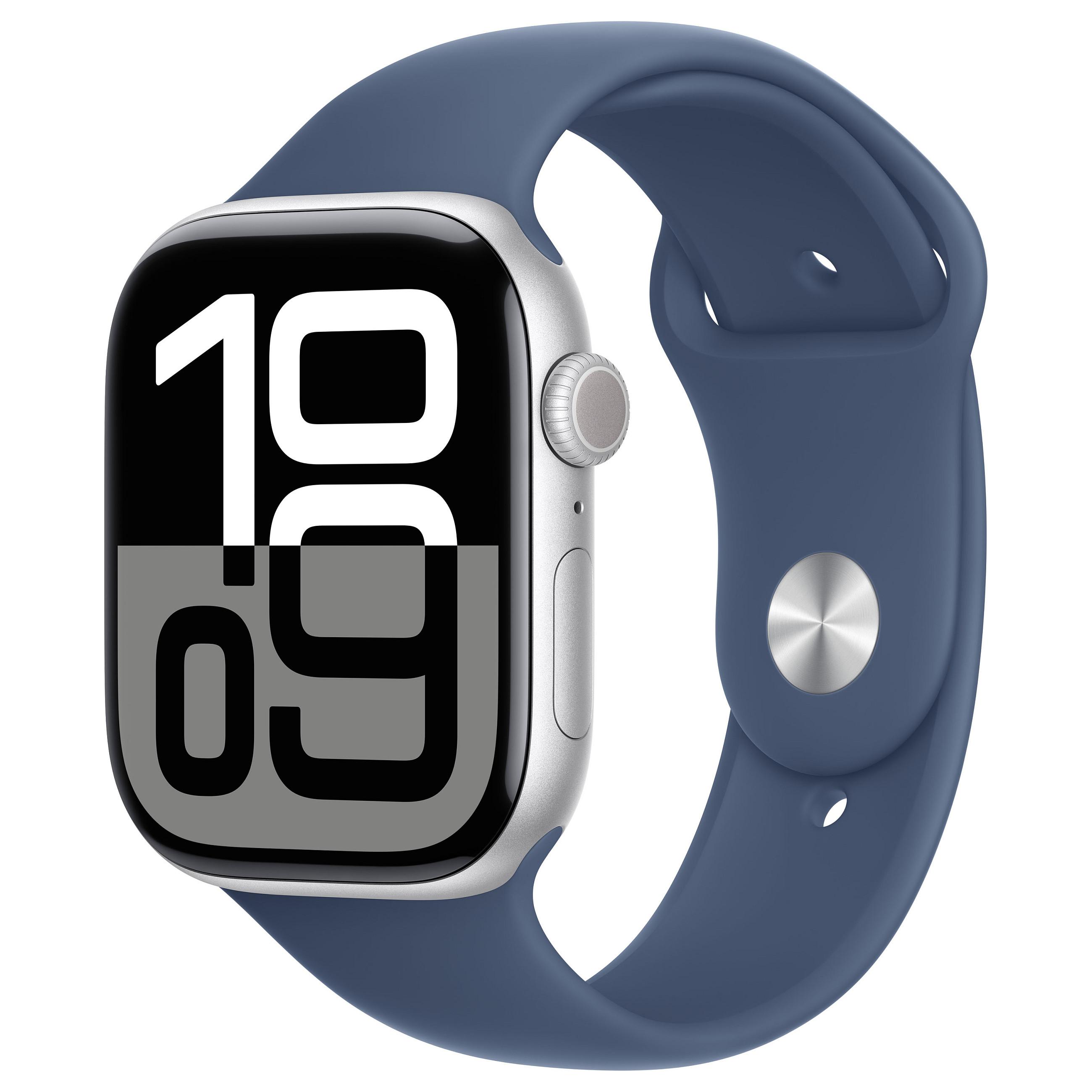 Apple Watch Series 10 (GPS) - 46 mm - sølvaluminium - smart ur med sportsbånd - fluoroelastomer - denim - båndstørrelse: S/M - 64 GB - Wi-Fi 4, UWB, Bluetooth - 36.4 g