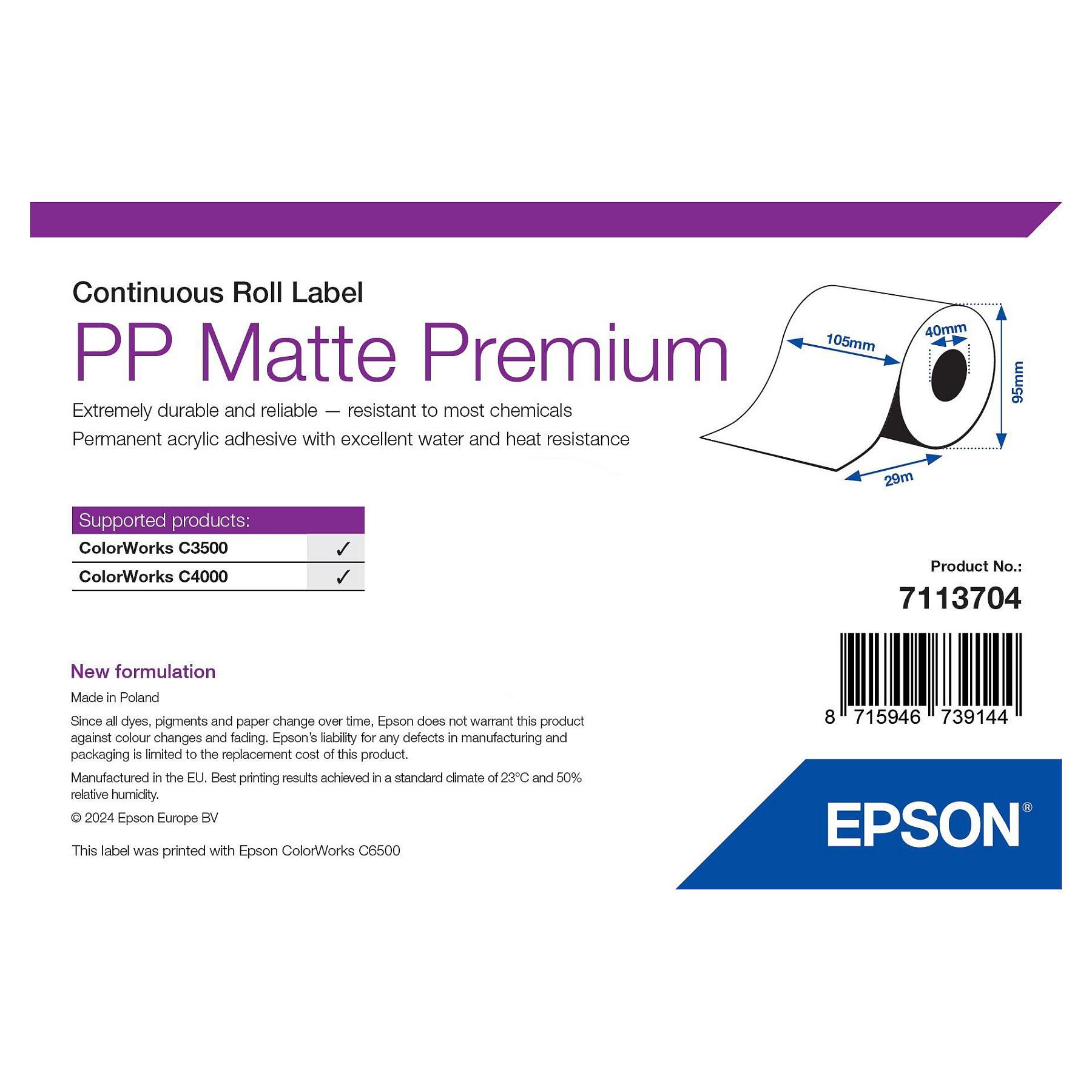 Epson Premium - Polypropylen (PP) - mat - permanent akryllisk klæbemiddel - Rulle A6 (10,5 cm x 29 m) 1 rulle(r) fortløbende mærkater - for ColorWorks CW-C4000
