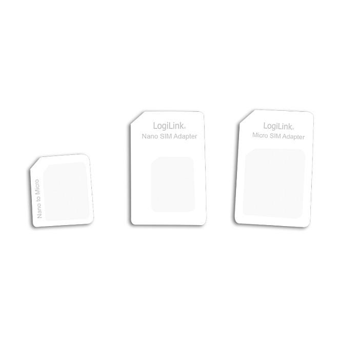 LogiLink AA0047, SIM kortadapter, Micro-SIM, Nano-SIM, SIM i fuld størrelse, Micro-SIM, 3 stk, Hvid, 73 mm