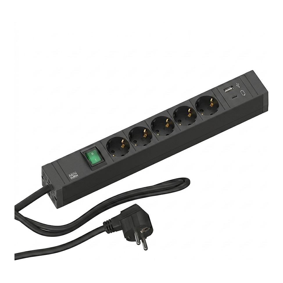 Stikdåse Bachmann CONNECT LINE 5x jord, afbryder, USB A/C 22 W - sort