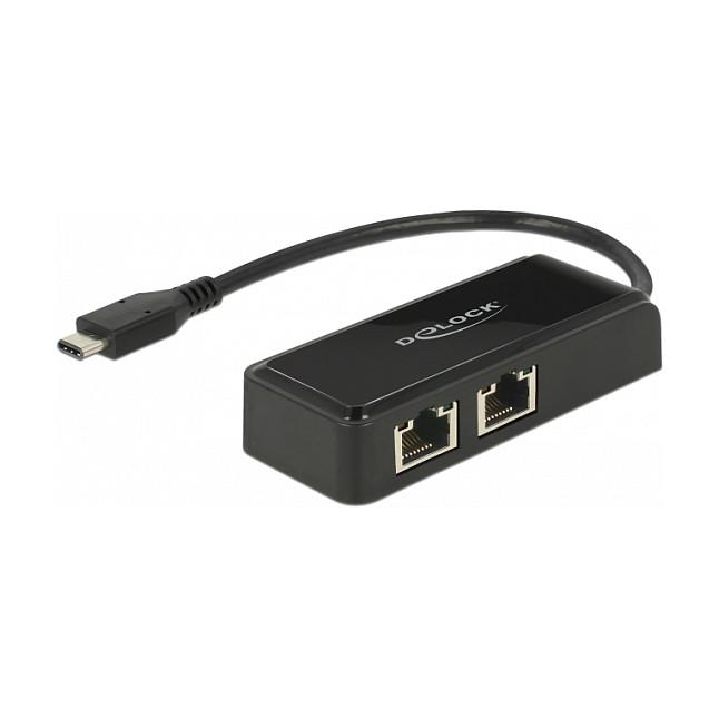 Delock Adapter USB-C 3.1 Gen 1 > 2 x Gigabit LAN 10/100/1000 Mb/s - Netværksadapter - USB 3.1 Gen 1 - Gigabit Ethernet x 2 - sort