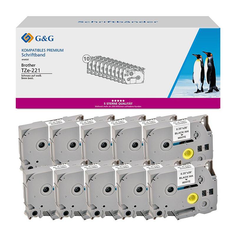 G&G TZe-221 labeltape sort på hvid 9 mm x 8 m - 10 stk., kompatibel med Brother