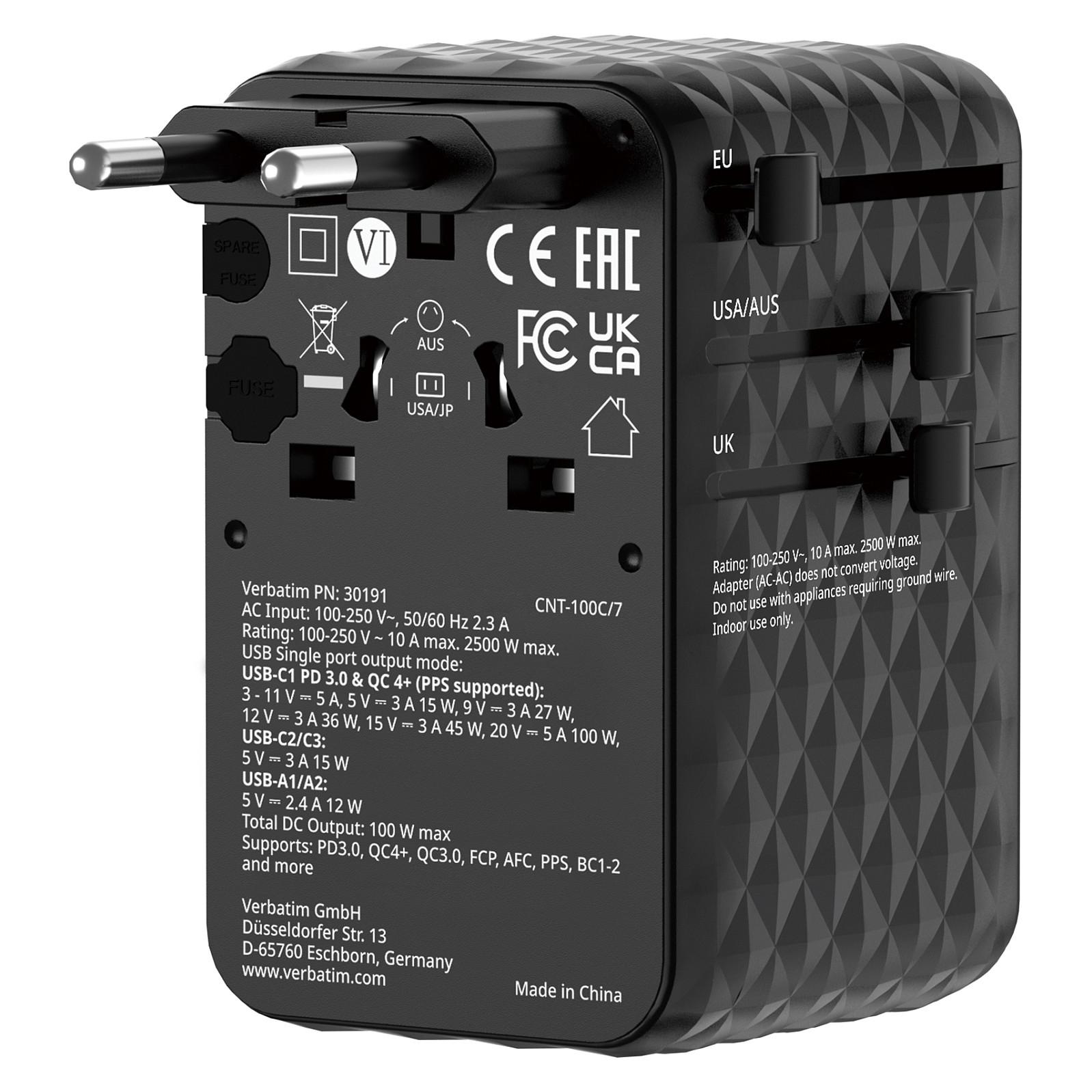 Verbatim Charge 'n' Travel - Strømforsyningsadapter - GaN III, universel, med sammenfoldbart USB-C kabel - 100 Watt - 10 A - QC 4.0+, QC 3.0, Fast Charge, Power Delivery 3.0 + PPS, USB BC 1.2, Apple Fast Charge - 5 output-stikforbindelser (3 x USB-C, 2 x USB) - sort