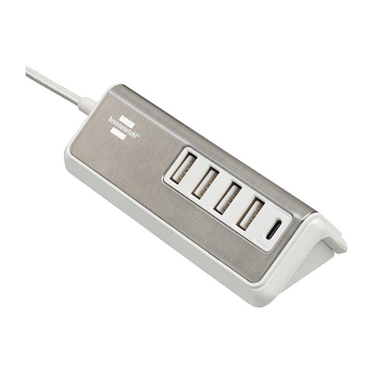 Estilo USB multioplader med 1,50 m tekstilkabel 4x USB A + 1x USB C TYPE F