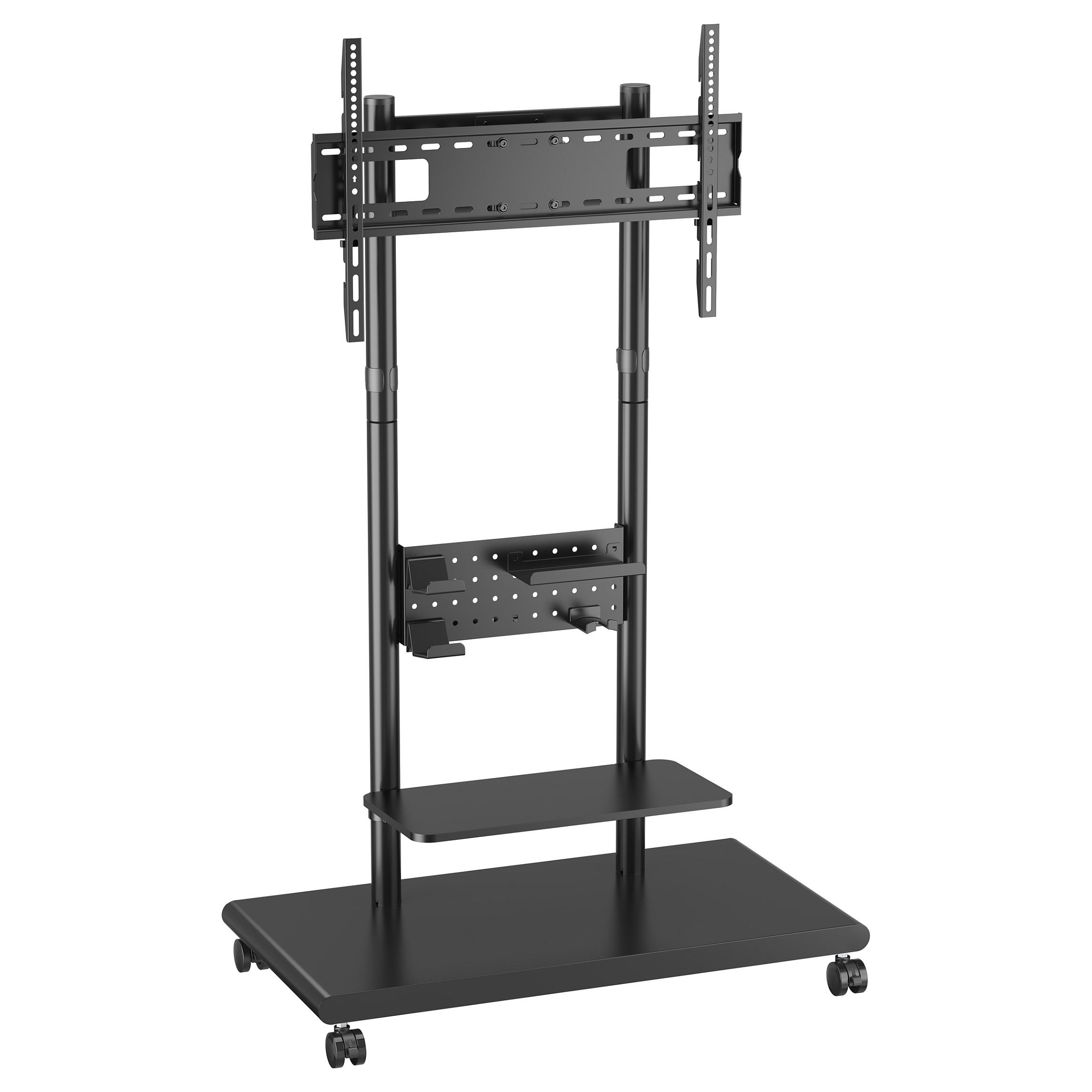 Equip mobil TV-vogn til 50"-90" skærme med pegboard, hylde og hjul - sort