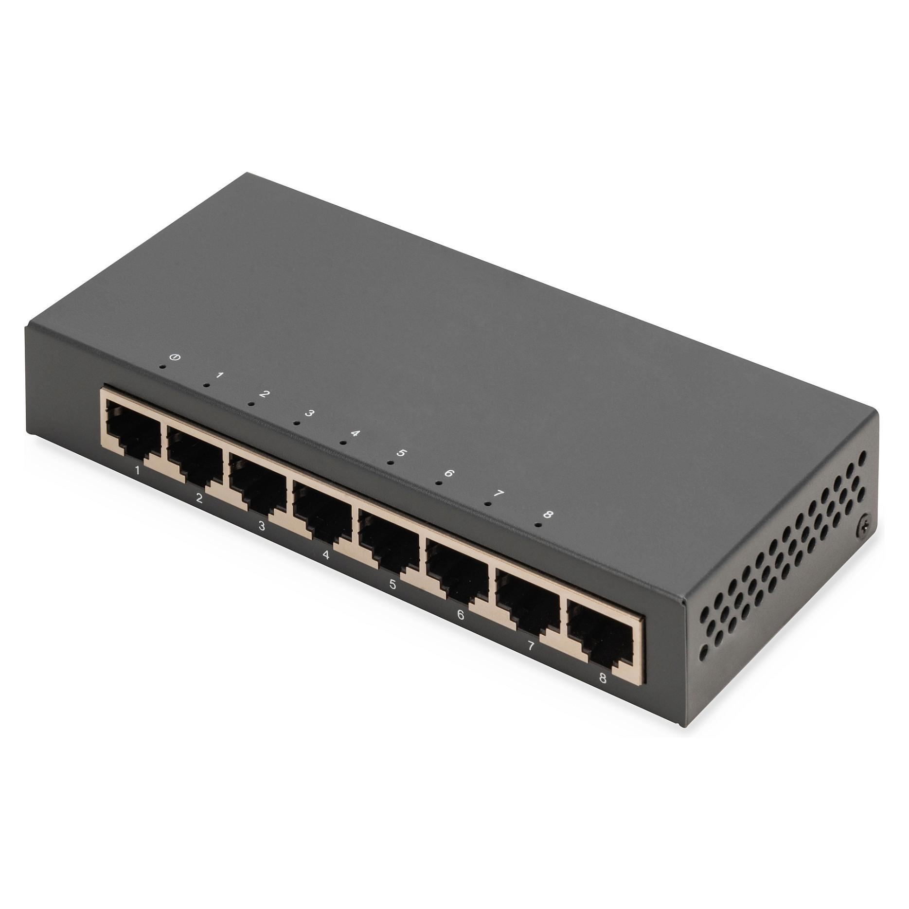 DIGITUS 8-ports Gigabit switch til skrivebord, unmanaged netværksswitch i sort metalhus
