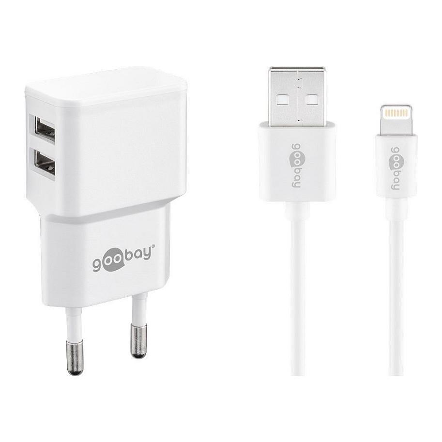 Goobay Apple Lightning Dual laddningssats (12 W) Strömförsörjningsenhet med 2x USB-uttag och Apple Lightning-kabel 1 m (vit)