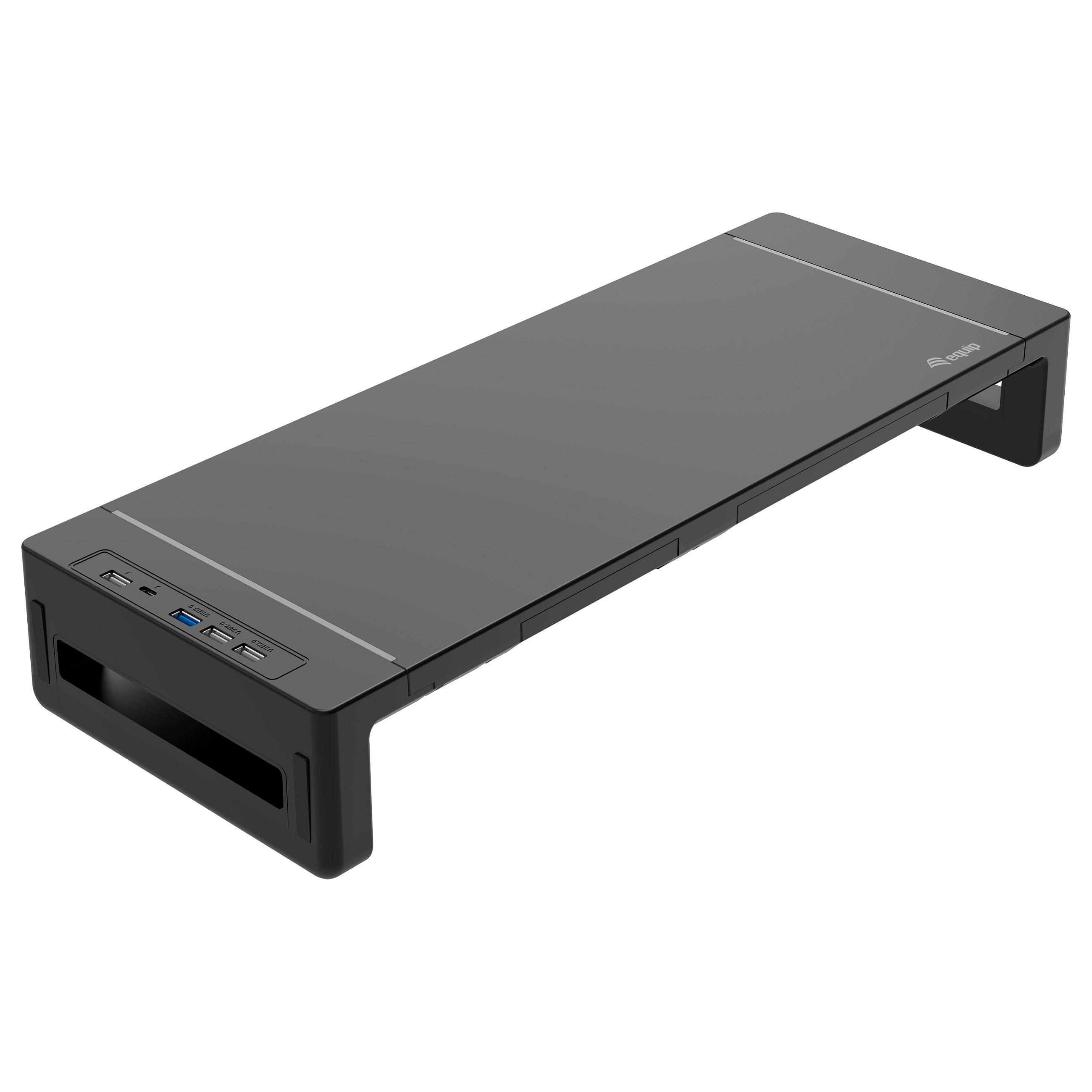 EQUIP ergonomisk skærmstander med USB-hub, 4 x USB-A, 1 x USB-C, sort, 52 x 20 x 8,5 cm