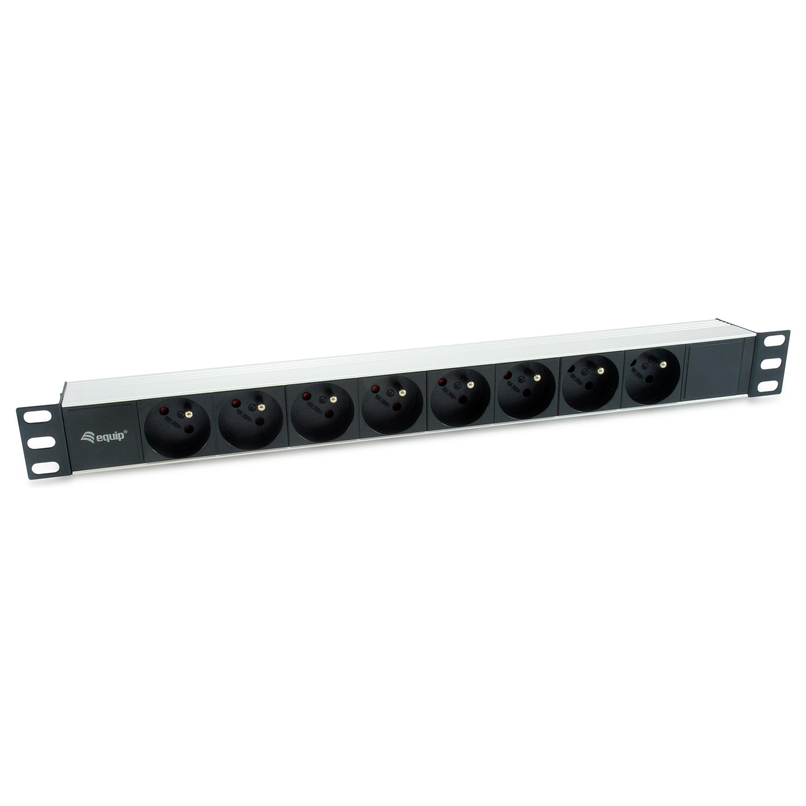 EQUIP 333313 strømfordelingsenhed 1U med 8 Type E-udtag, Type F-stik, sort/sølv