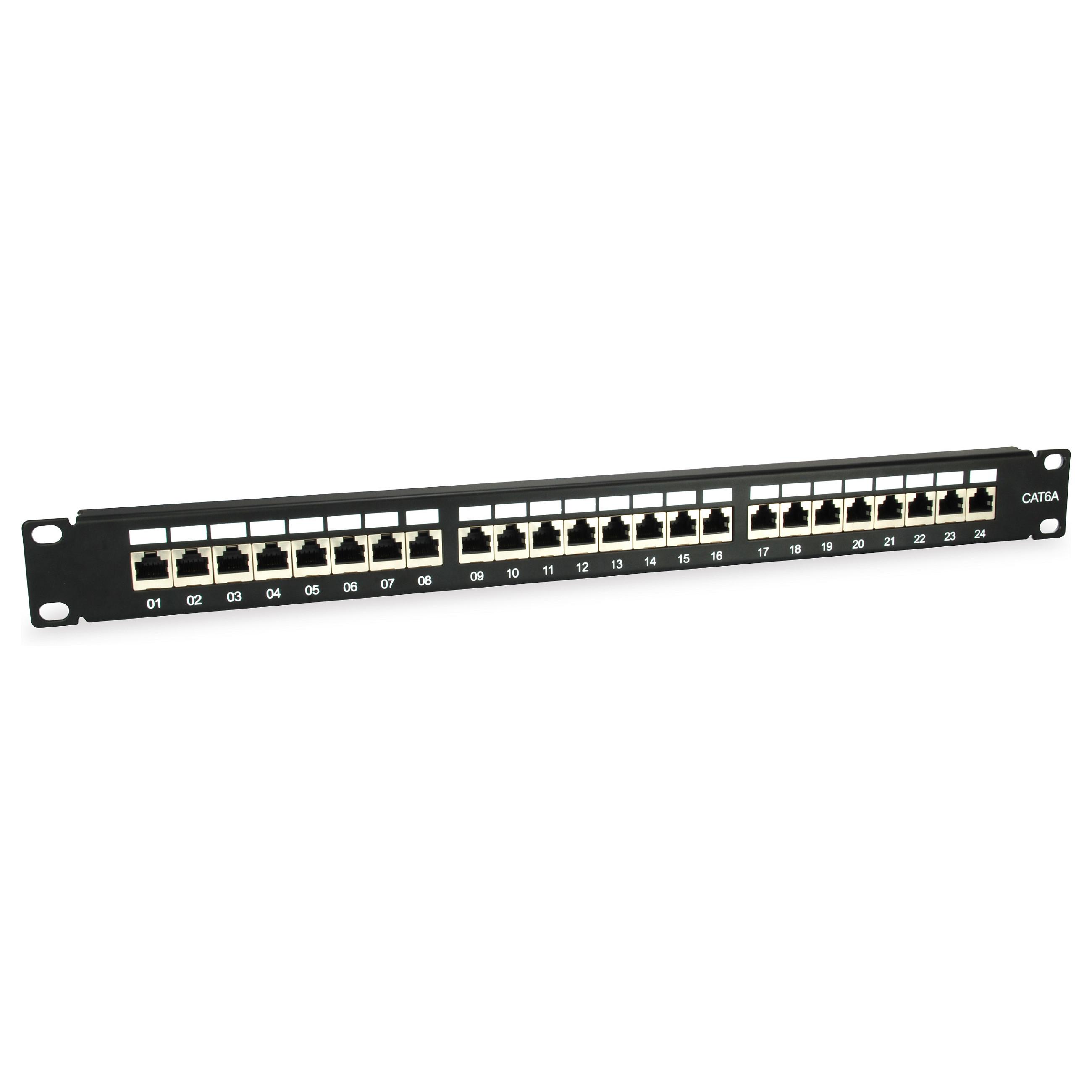 EQUIP 24-port Cat.6A afskærmet patchpanel til rack, 1U med RJ-45 - sort