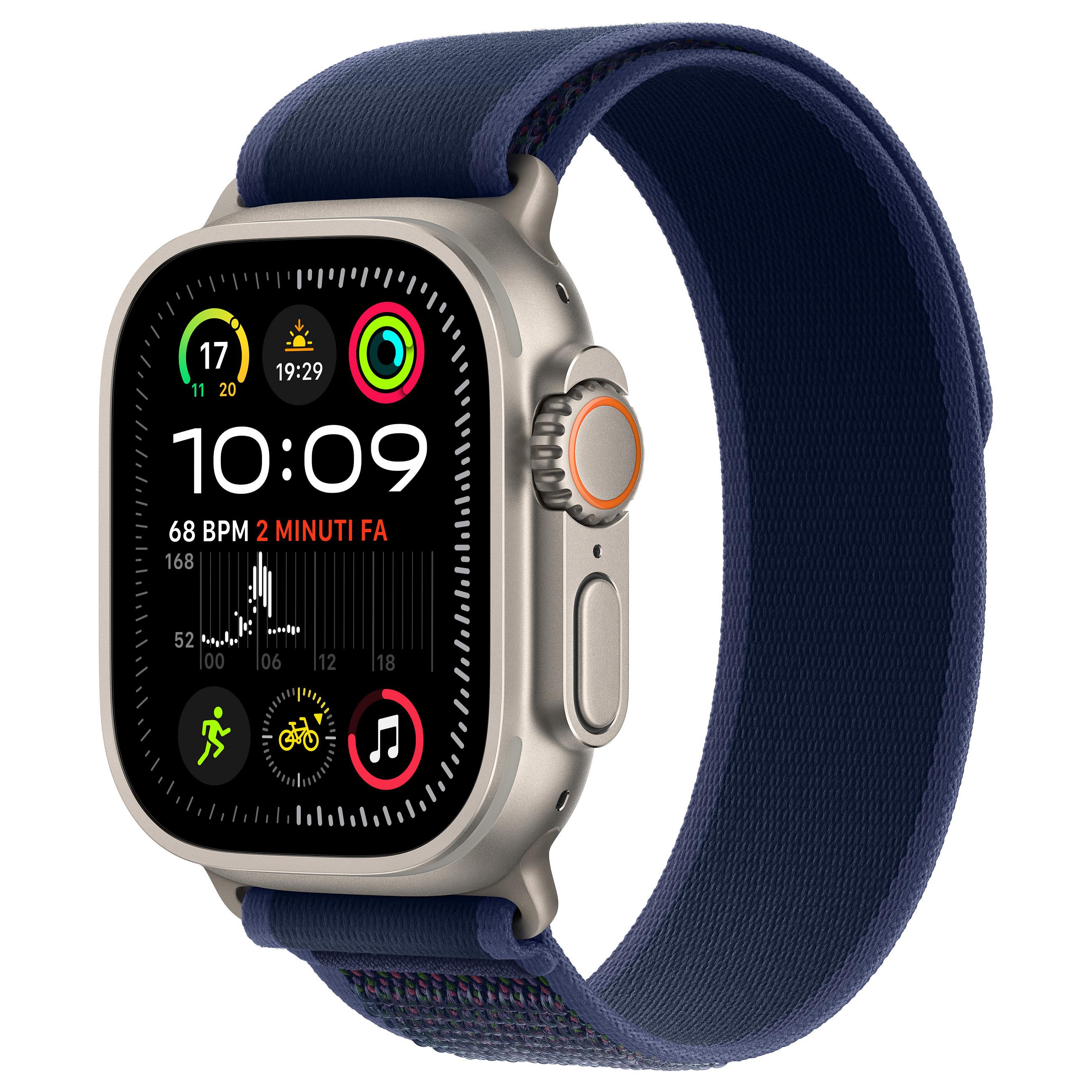 Apple Watch Ultra 2 - 49 mm - naturlig titanium - smart ur med Trail Loop - nylonflet - blå - båndstørrelse: S/M - 64 GB - LTE, Wi-Fi 4, UWB, Bluetooth - 4G - 61.4 g