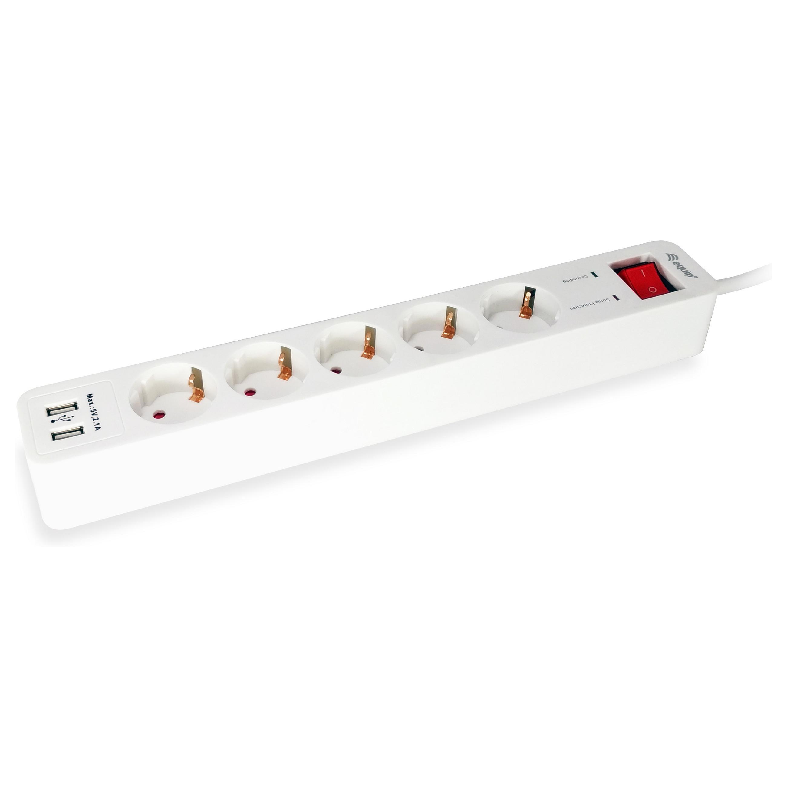 Stikdåse Equip 245554 med 5 Schuko-udtag og 2 USB - hvid