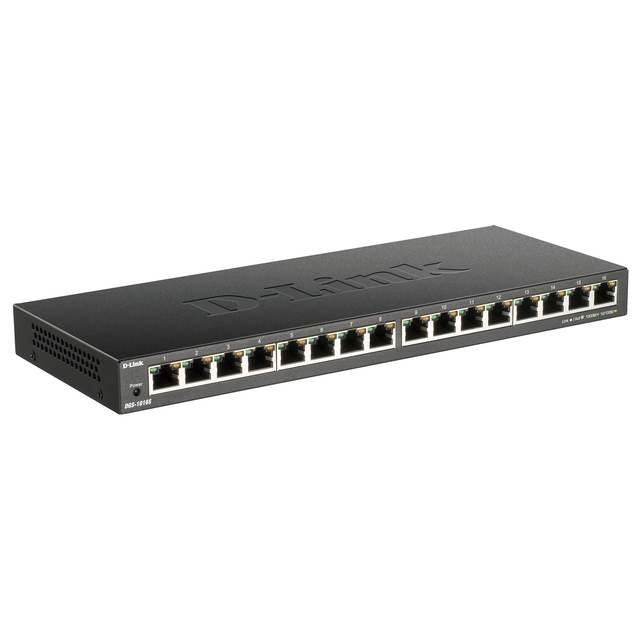 D-Link DGS-1016S unmanaged gigabit switch med 16 Gigabit Ethernet RJ-45-porte, sort