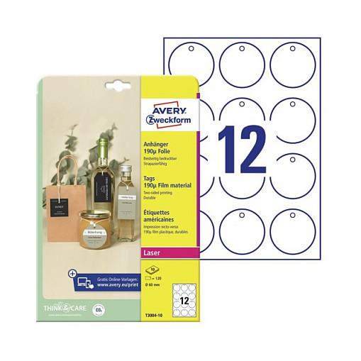 Runde hængeetiketter Avery Zweckform T3004-10 - 60 mm, 120 stk.