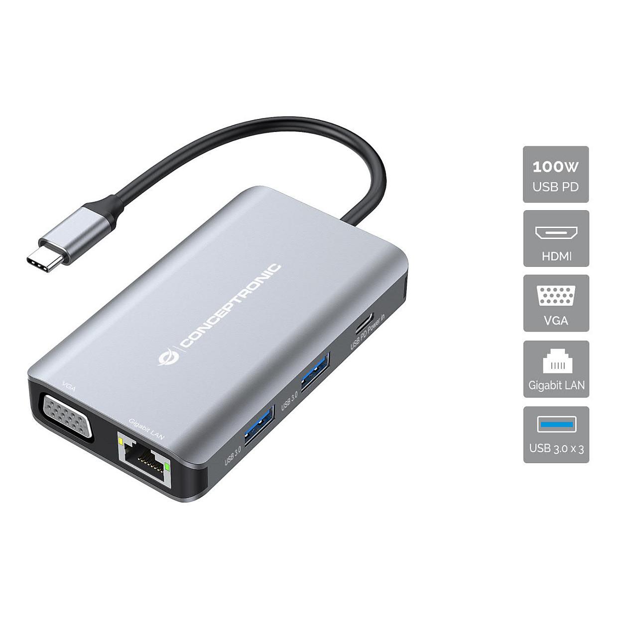 Conceptronic 7-i-1 USB-C dockinghub - HDMI, VGA, 3x USB-A, Gigabit LAN, USB-C PD, 25 cm - grå