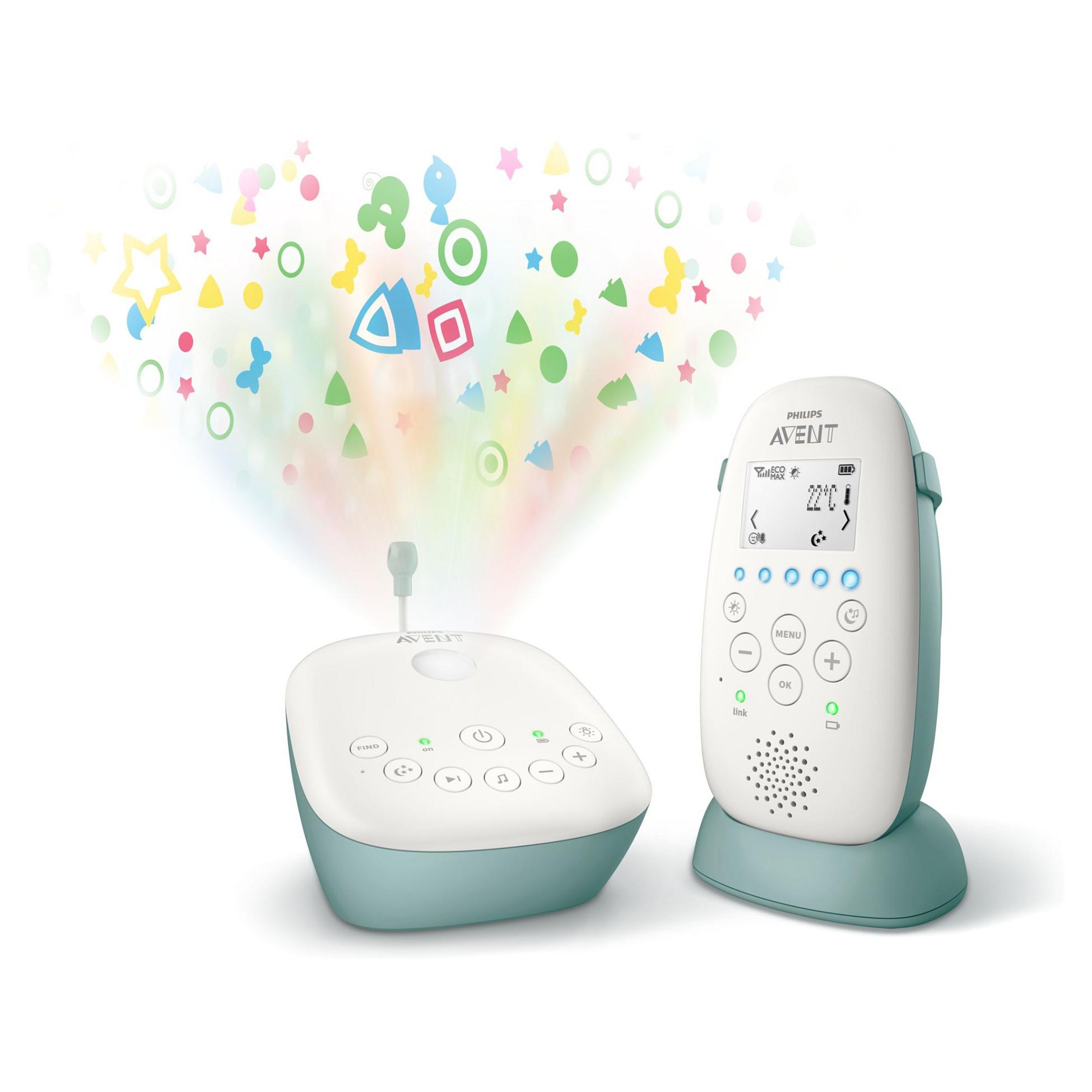 Philips Avent Babyalarm SCD731/26 – DECT, LCD‑skærm, 330 m rækkevidde, natlys & vuggevise, 18 t – Hvid/Grøn