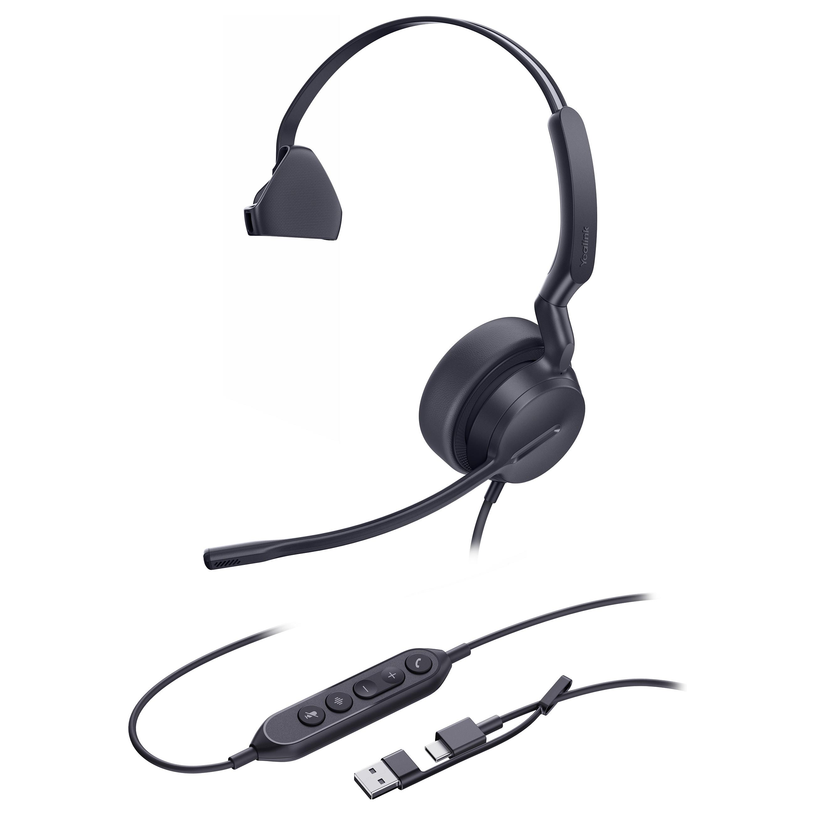 Yealink UH42 Mono USB-C/USB-A headset - kablet on-ear headset til opkald og musik, sort