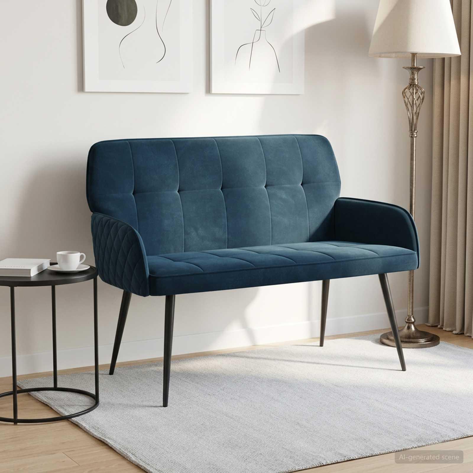 2-personers sofa i blå fløjl med metalben