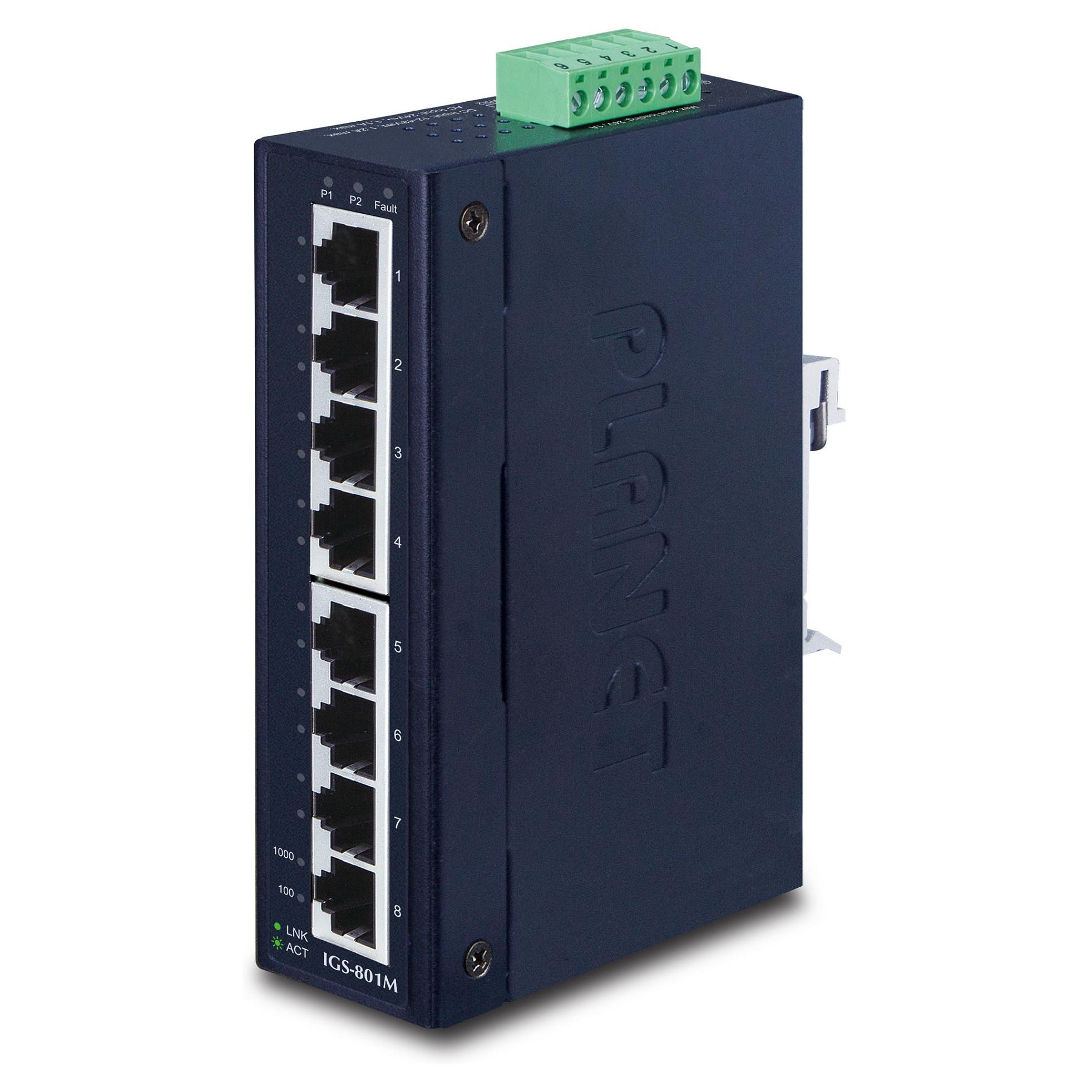 Planet IGS-801M administreret L2/L4 Gigabit Ethernet-switch med 8 porte, DIN-skinne, blå