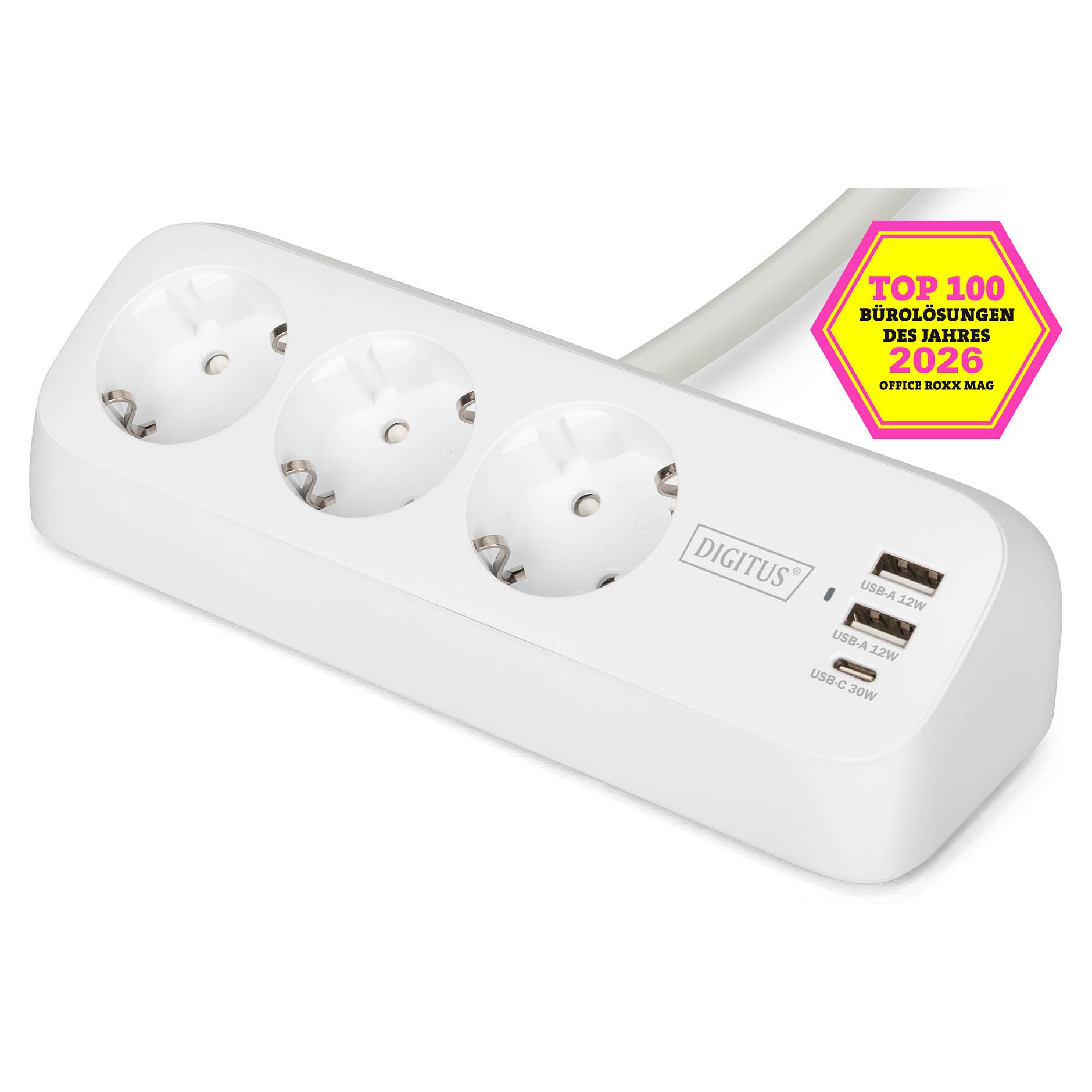 DIGITUS 3-vejs stikdåse til kontor med 2 x USB-A, 1 x USB-C, 1,5 m kabel, hvid