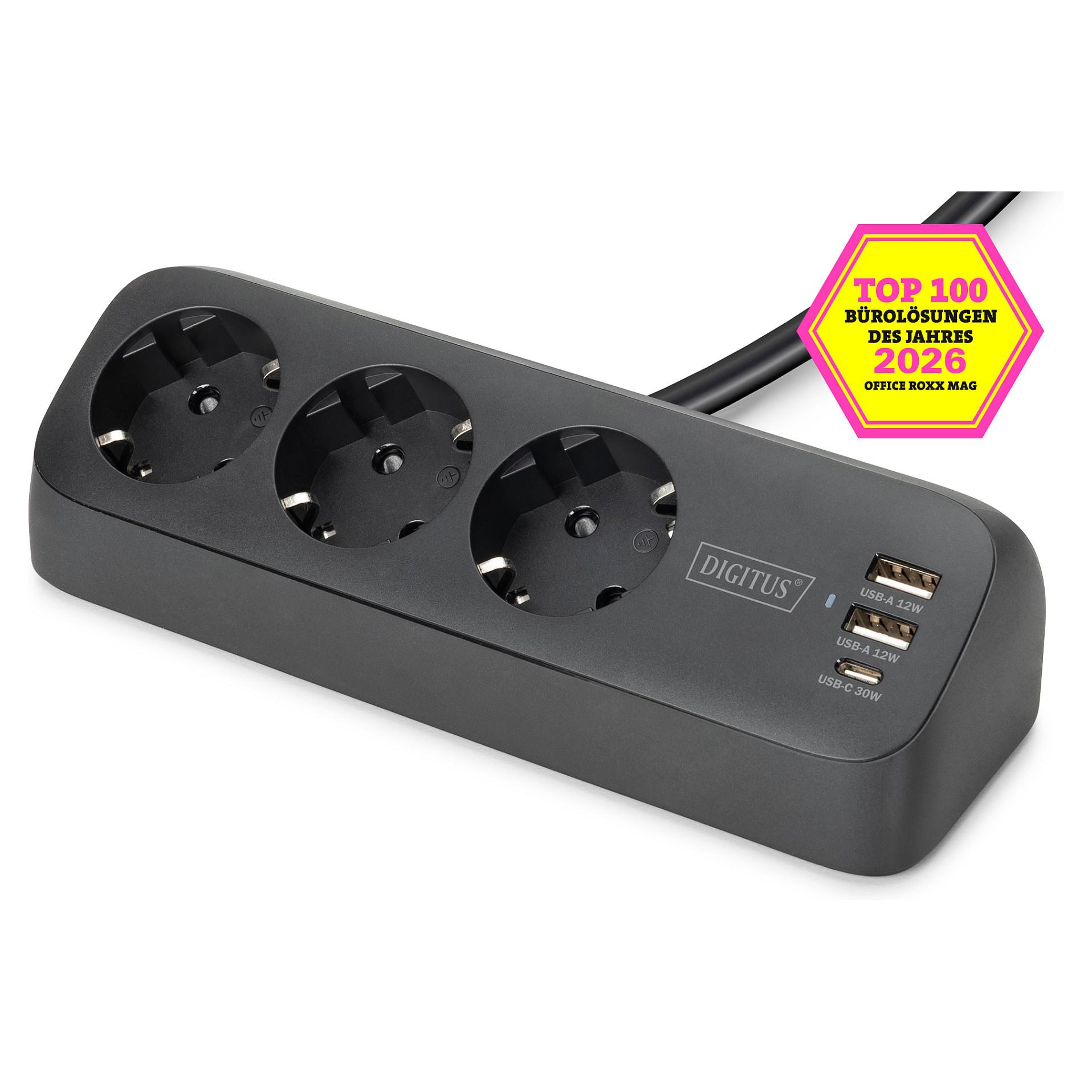 DIGITUS - Stikdåse - AC 250 V - 3680 Watt - input: strøm - output-stikforbindelser: 3 (3 x strøm Type F, 2 x USB, USB-C) - 1.5 m ledning - sort