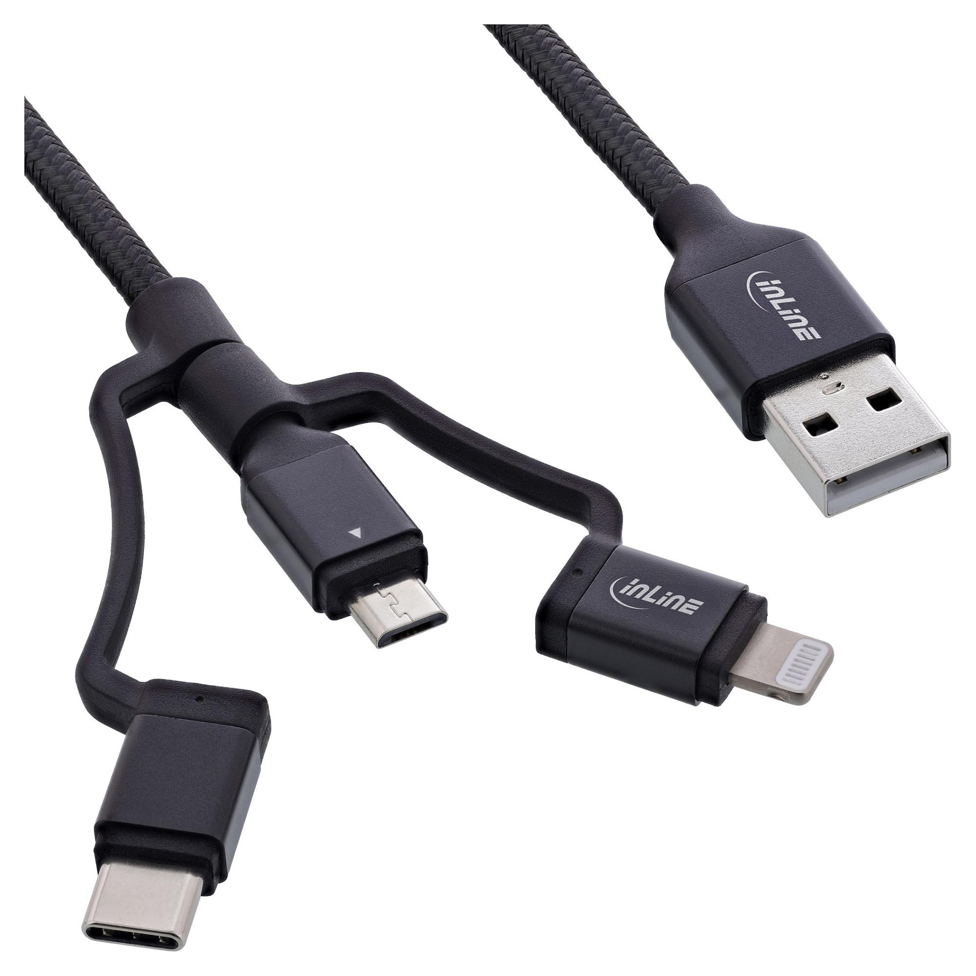 3-i-1 USB-kabel InLine USB-A til Micro-USB, USB-C og Lightning - 1,5 m, sort