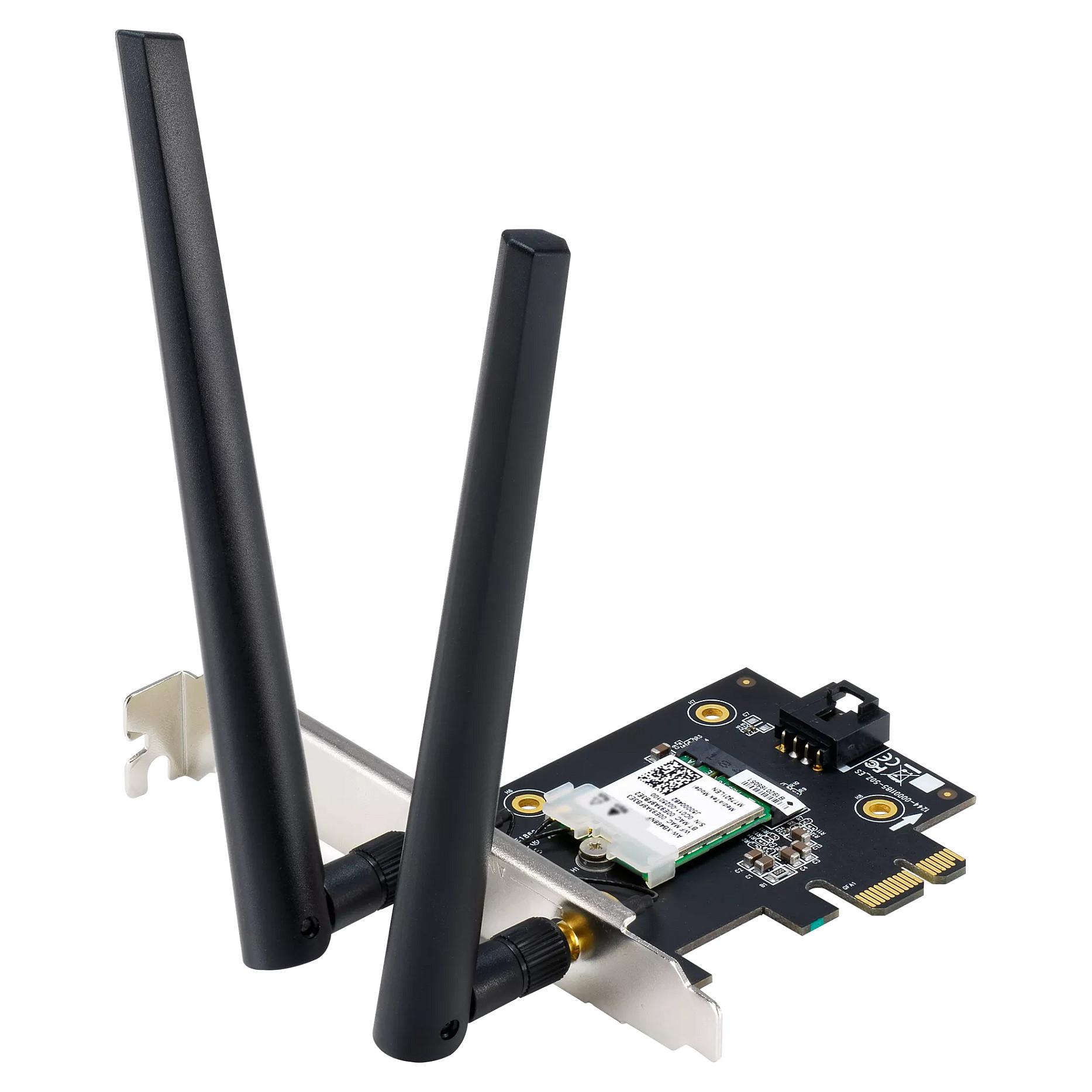 ASUS PCE-AXE5400 WiFi 6E PCI-E Adapter with 2 external antennas. Supporting 6GHz band 160MHz Bluetooth 5.2 WPA3 network security OFDMA and MU-MIMO