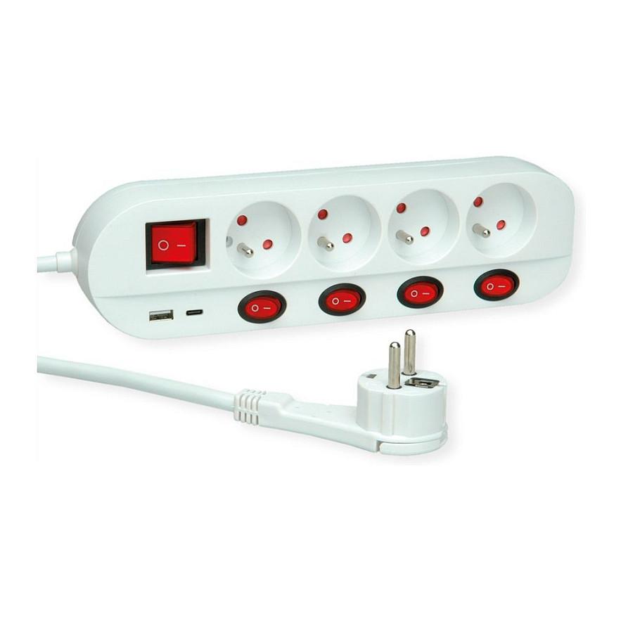 Stikdåse ROLINE 19.07.2347 UTE med USB A+C - 4 udtag, 3 m