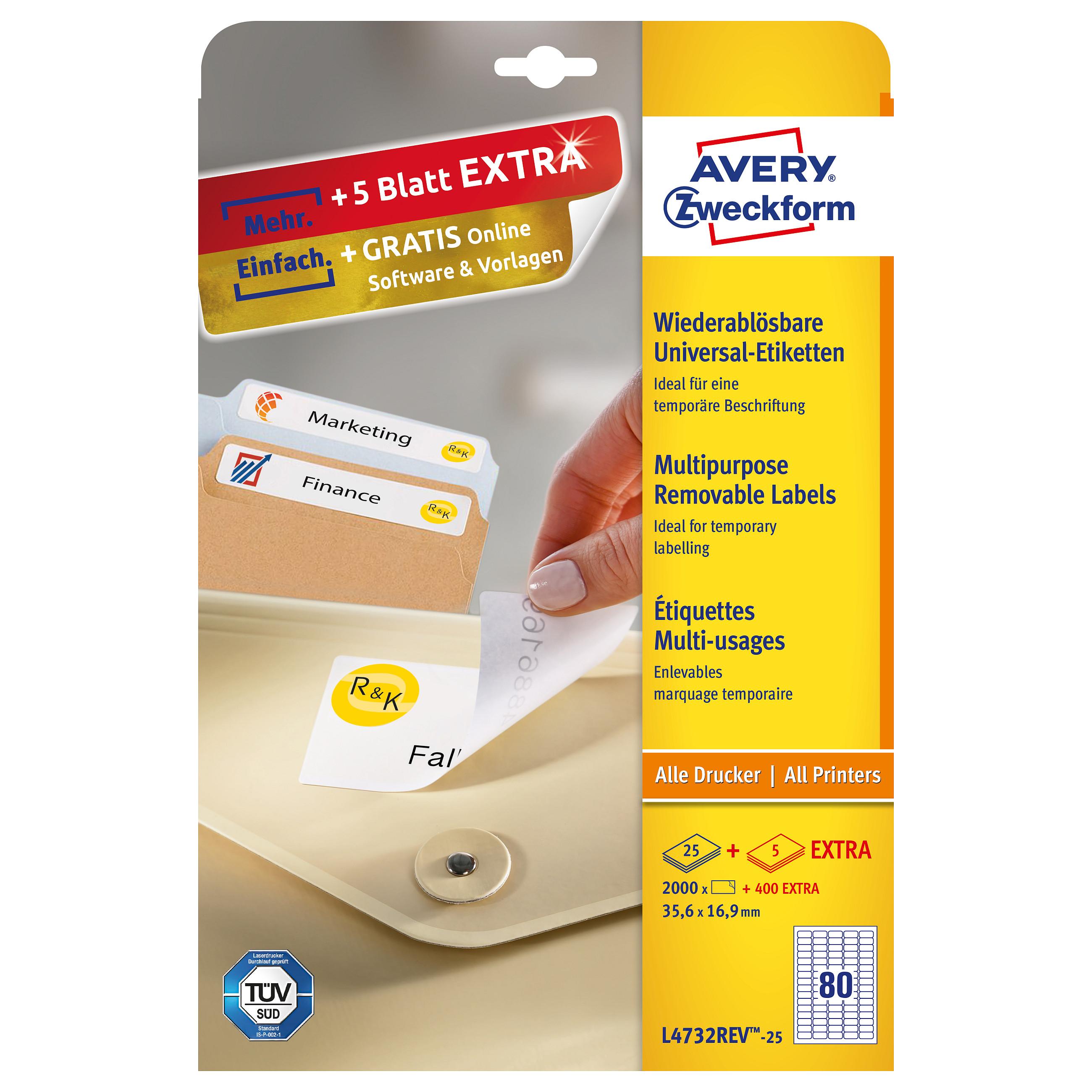Aftagelige etiketter Avery Zweckform L4732REV-25 - hvid, 35,6 x 16,9 mm, 2.400 stk.