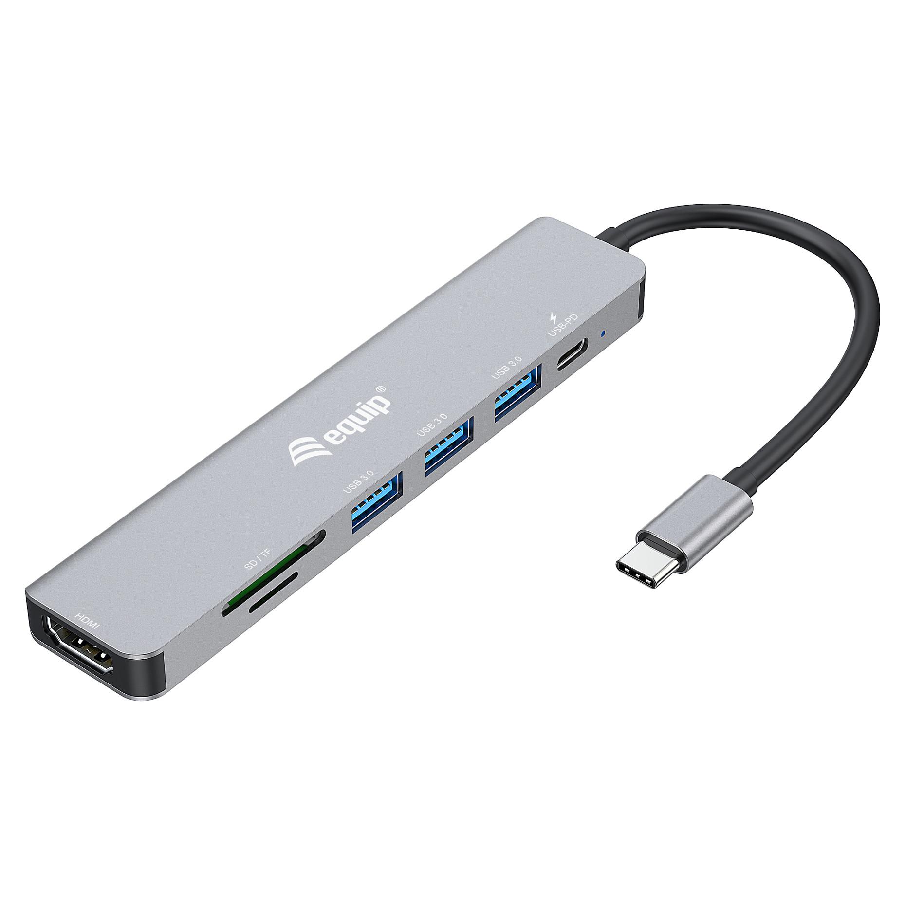 Equip USB-C 7-i-1 multifunktionel adapter - HDMI 4K/60 Hz, 3x USB 3.2 Gen1, TF/SD, 100 W USB PD