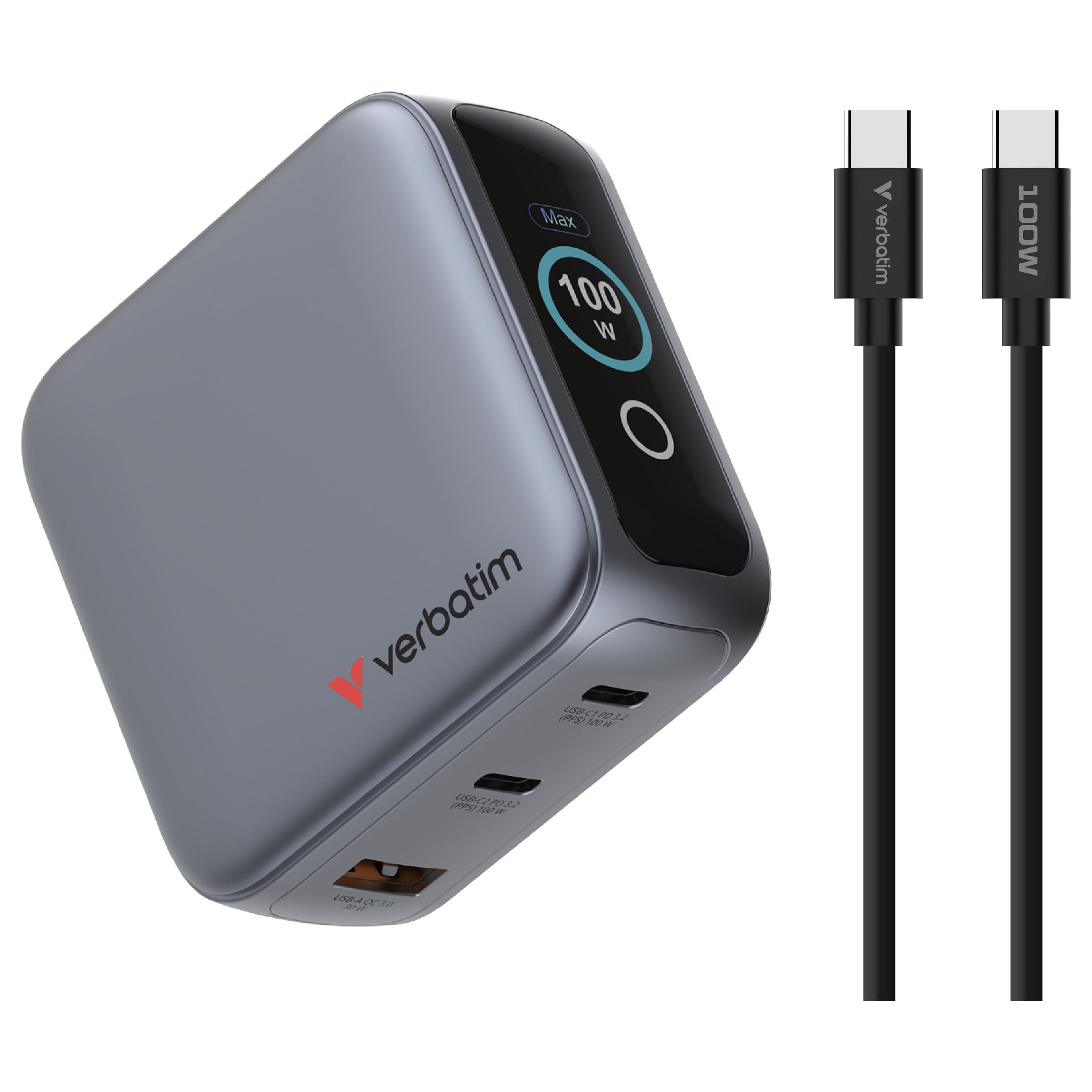 Verbatim - Strømforsyningsadapter - mini, GaN, with display - 100 watt - Power Delivery 3.0 + PPS, QC 3.0 - 3 output-stikforbindelser (2 x USB-C, USB Type A)