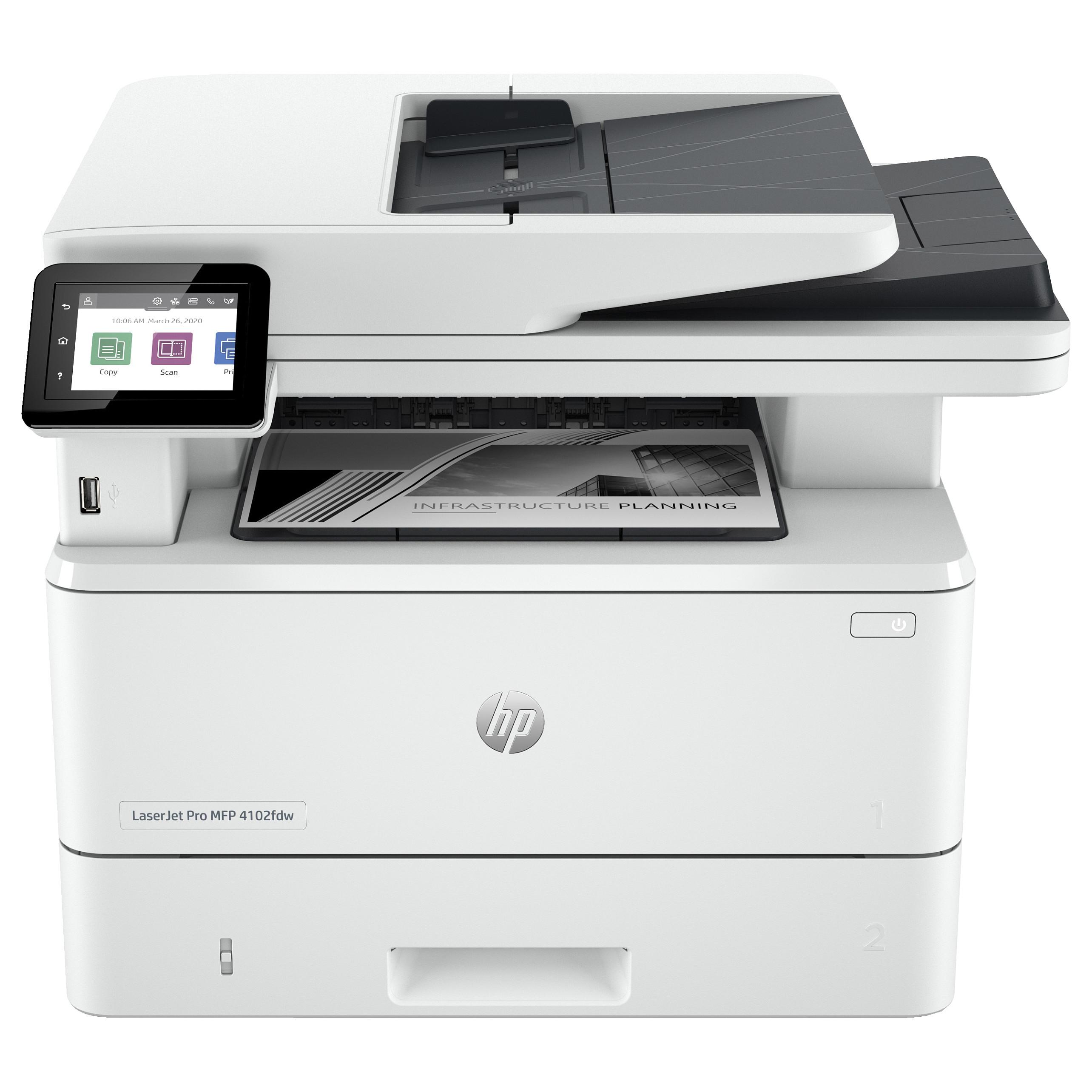 HP LaserJet Pro MFP 4102fdw - Multifunktionsprinter - S/H - laser - Legal (216 x 356 mm) (original) - A4/Legal (medie) - op til 38 spm (kopiering) - op til 40 spm (udskriver) - 350 ark - 33.6 Kbps - Gigabit LAN, Wi-Fi(n), USB, USB vært, Bluetooth, USB 2.0