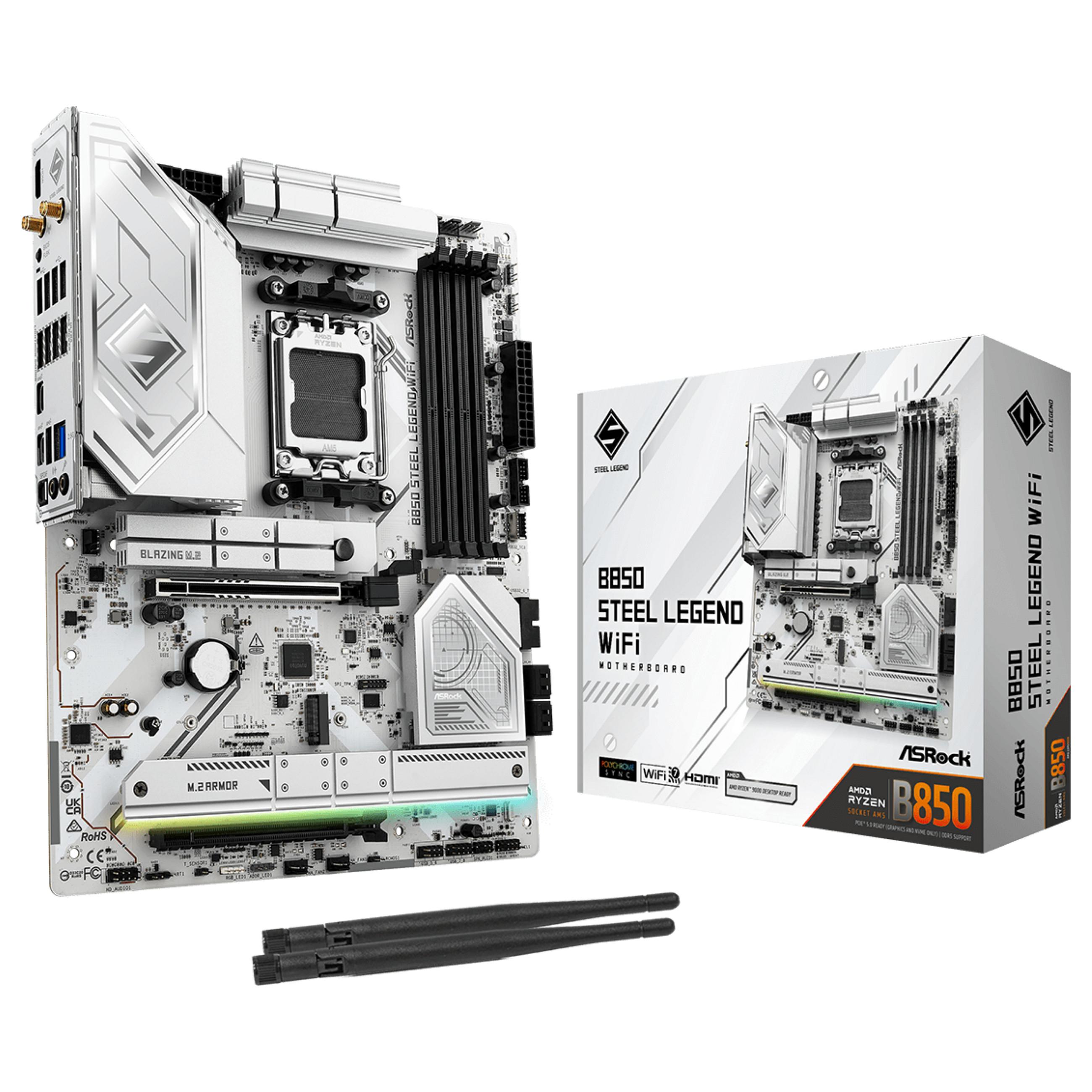 ASRock B850 STEEL LEGEND WIFI - Bundkort - ATX - Socket AM5 - AMD B850 Chipset - USB-C 3.2 Gen 2x2, USB-C 3.2 Gen 1 - Wi-Fi 7, Bluetooth, 2.5 Gigabit LAN - onboard grafik (CPU påkrævet) - HD Audio (8-kanaler)