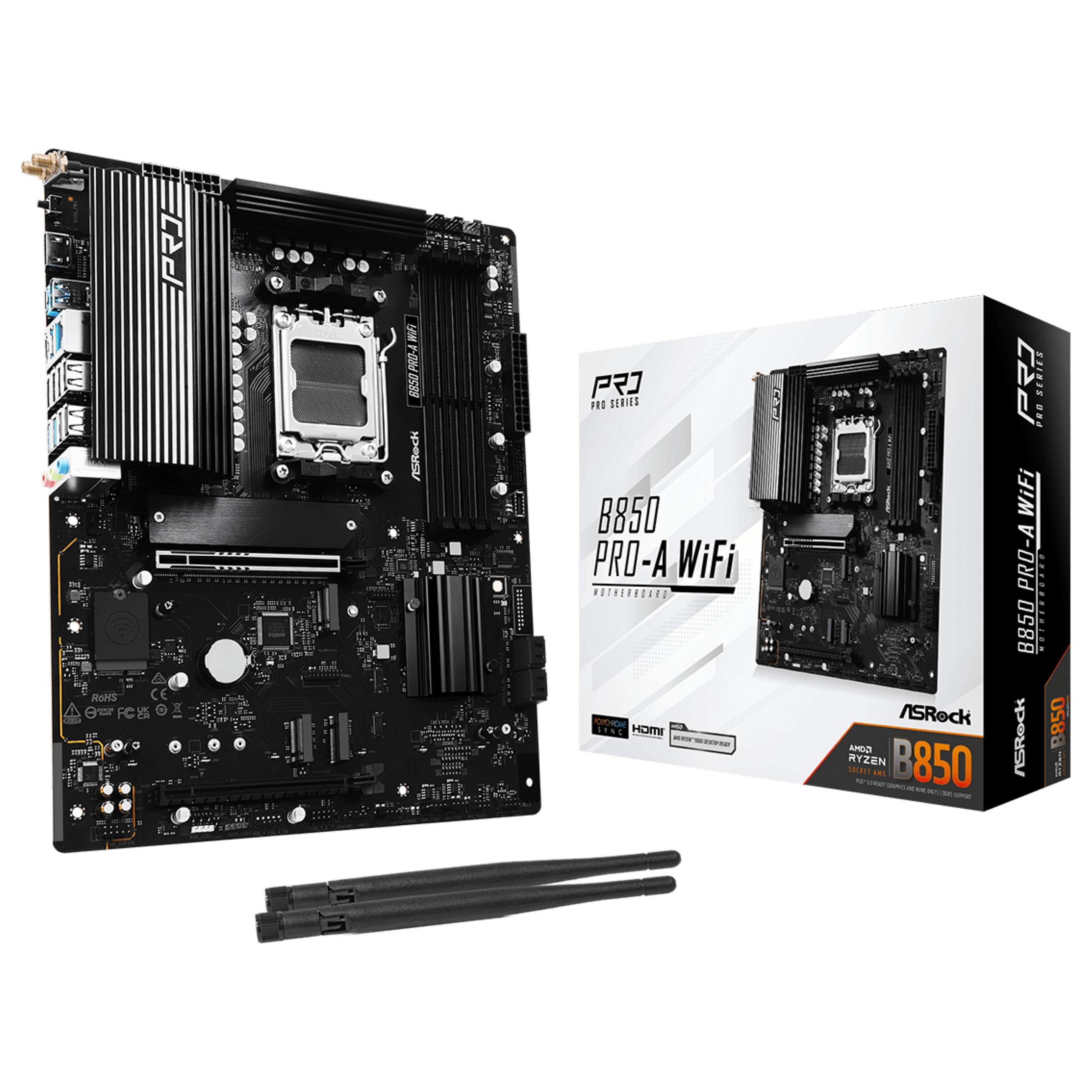ASRock B850 Pro-A WiFi - Bundkort - ATX - Socket AM5 - AMD B850 Chipset - USB-C 3.2 Gen 2x2, USB-C 3.2 Gen 1, USB 3.2 Gen 1, USB-C 3.2 Gen2 - 2.5 Gigabit LAN, Wi-Fi 6E, Bluetooth - onboard grafik (CPU påkrævet) - HD Audio (8-kanaler)