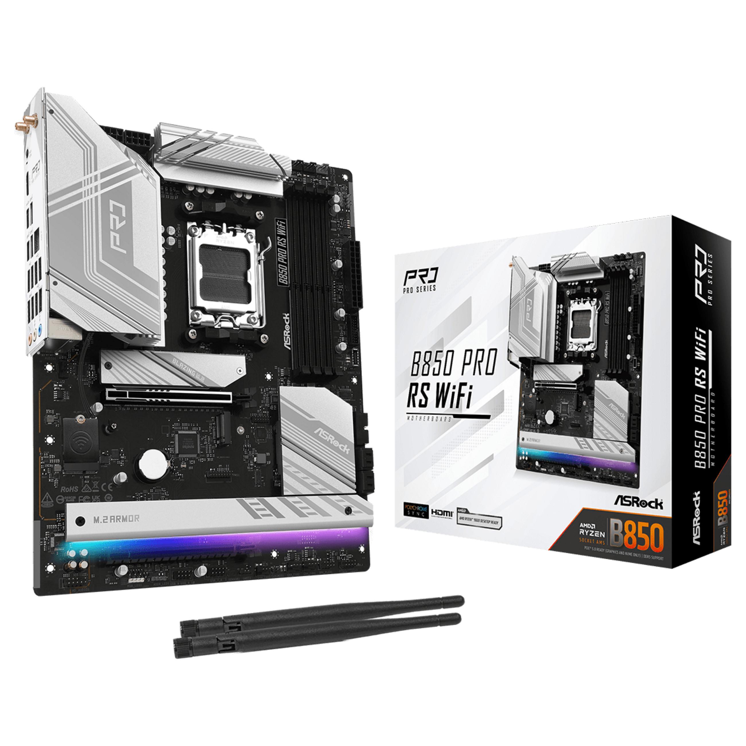 ASRock B850 Pro RS WiFI - Bundkort - ATX - Socket AM5 - AMD B850 Chipset - USB-C 3.2 Gen 2x2, USB-C 3.2 Gen2, USB-C 3.2 Gen 1, USB 3.2 Gen 1 - 2.5 Gigabit LAN, Bluetooth, Wi-Fi 6E - onboard grafik (CPU påkrævet) - HD Audio (8-kanaler)