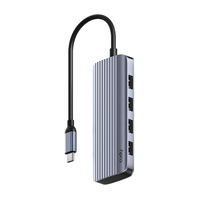 CUDY UH500 USB-C hub med 4 x USB 3.2 Gen 1, HDMI 1.4 og USB PD - grå/sølv