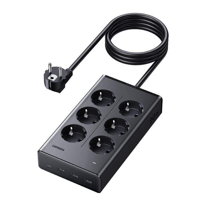 Stikdåse Ugreen S622 med 6 x AC, 3 x USB og USB-C - sort